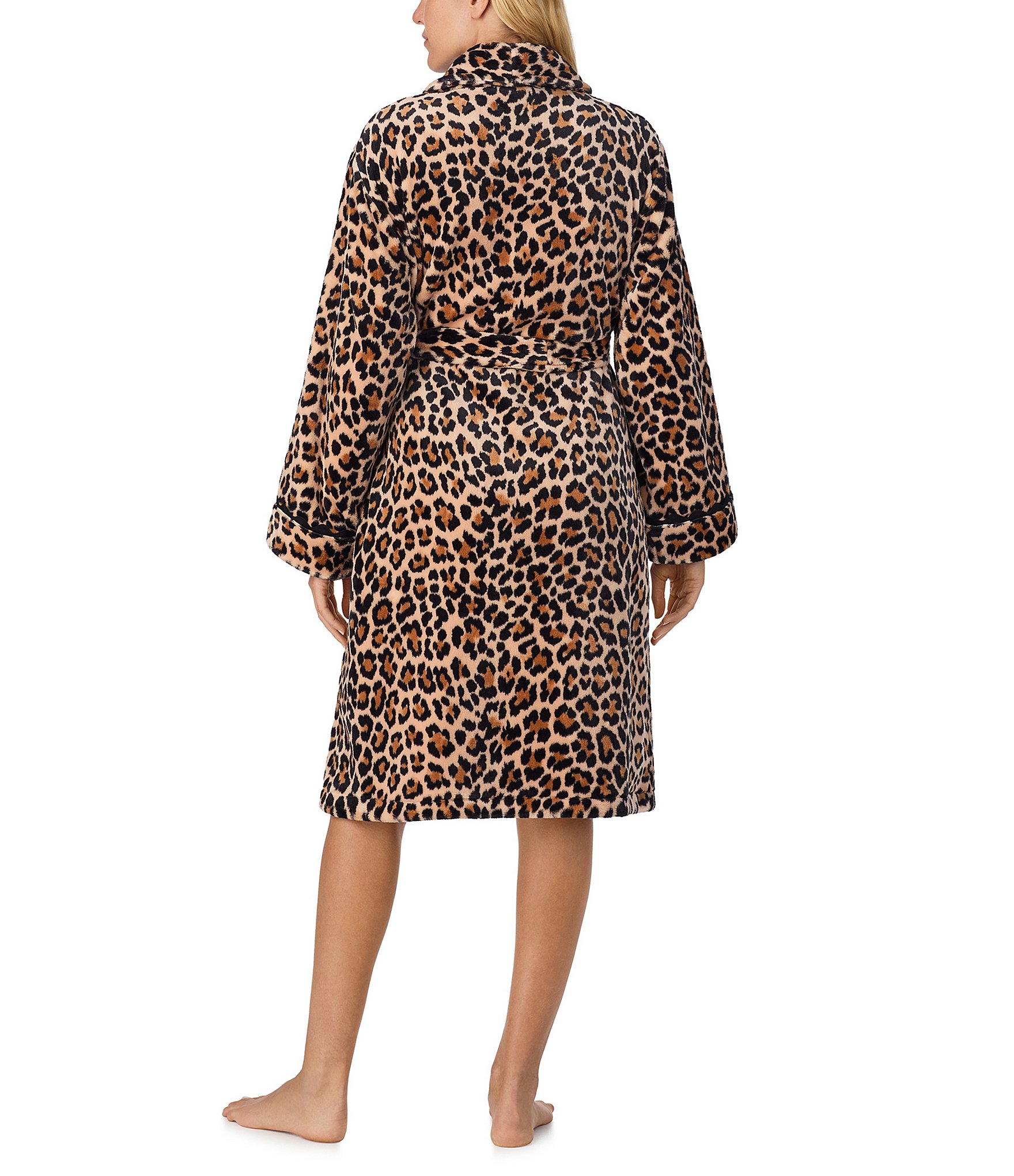 kate spade new york Leopard Print Long Sleeve Shawl Collar Chenille Plush Short Robe