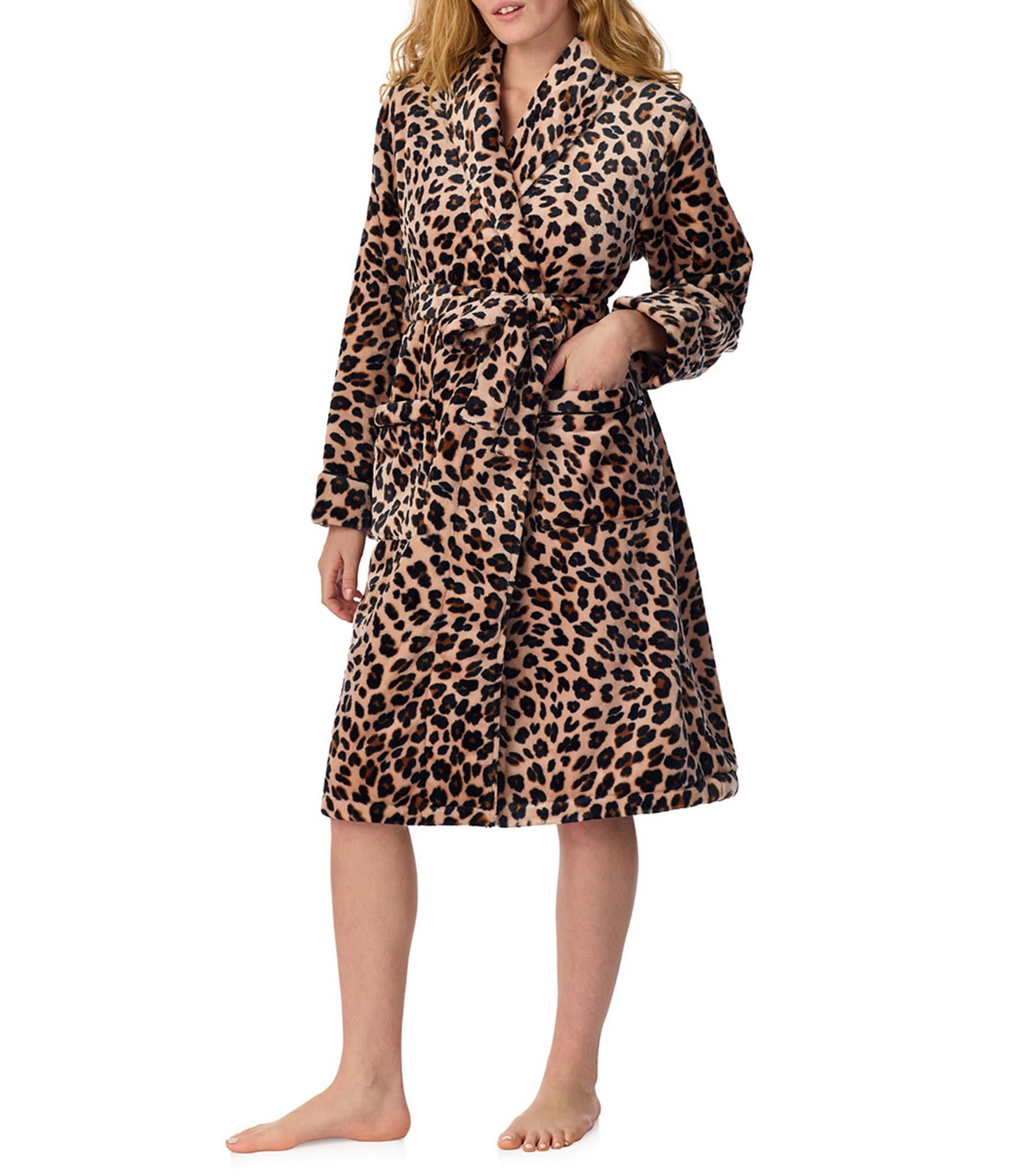 kate spade new york Leopard Print Long Sleeve Shawl Collar Tie Front Chenille Robe