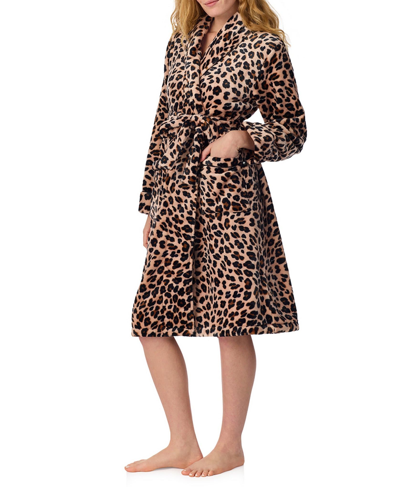 kate spade new york Leopard Print Long Sleeve Shawl Collar Tie Front Chenille Robe
