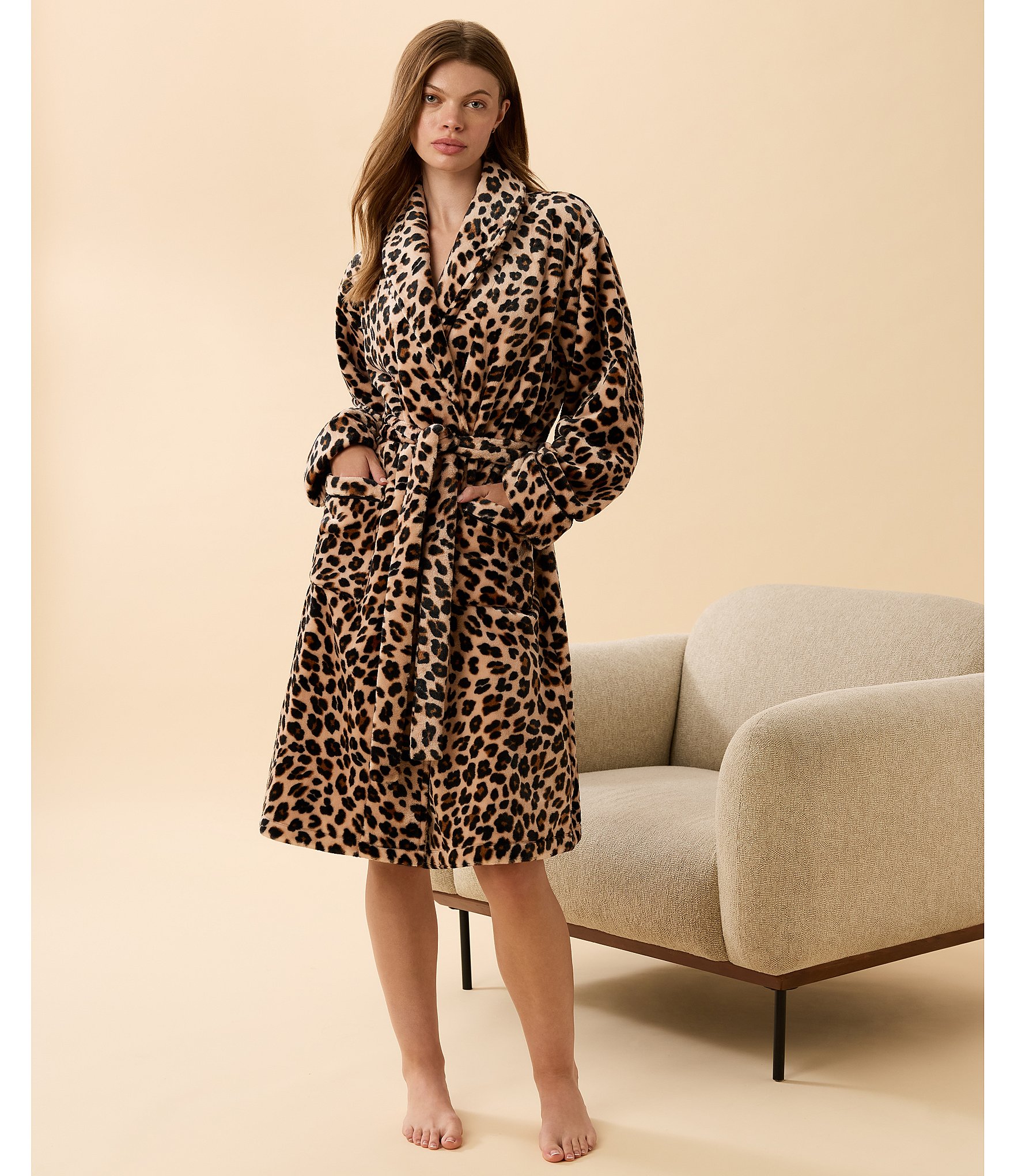 kate spade new york Leopard Print Long Sleeve Shawl Collar Tie Front Chenille Robe