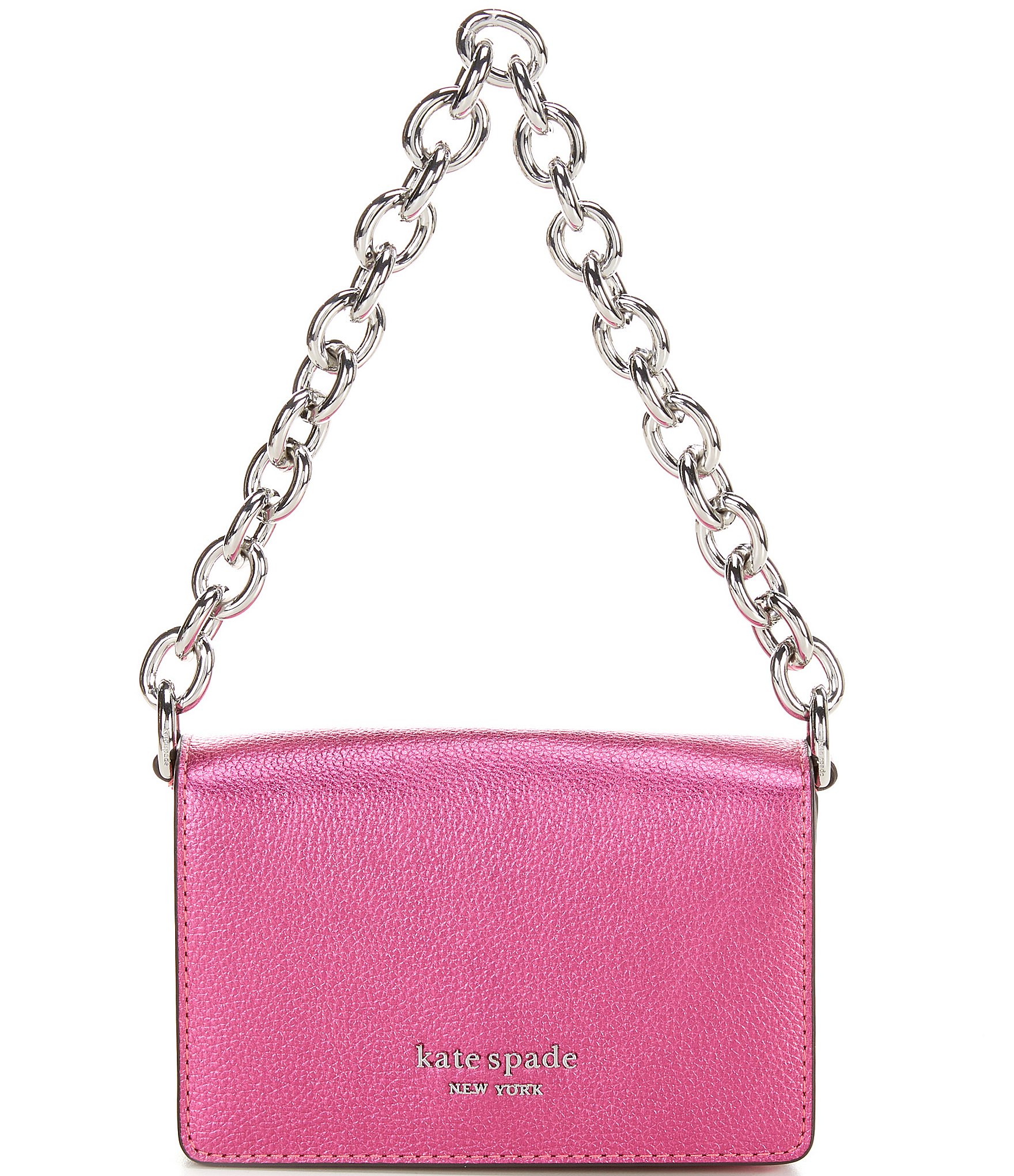 Kate Spade New York Natasha Metallic Pebbled Leather Chain Card Case Crossbody Bag Bikini Pink