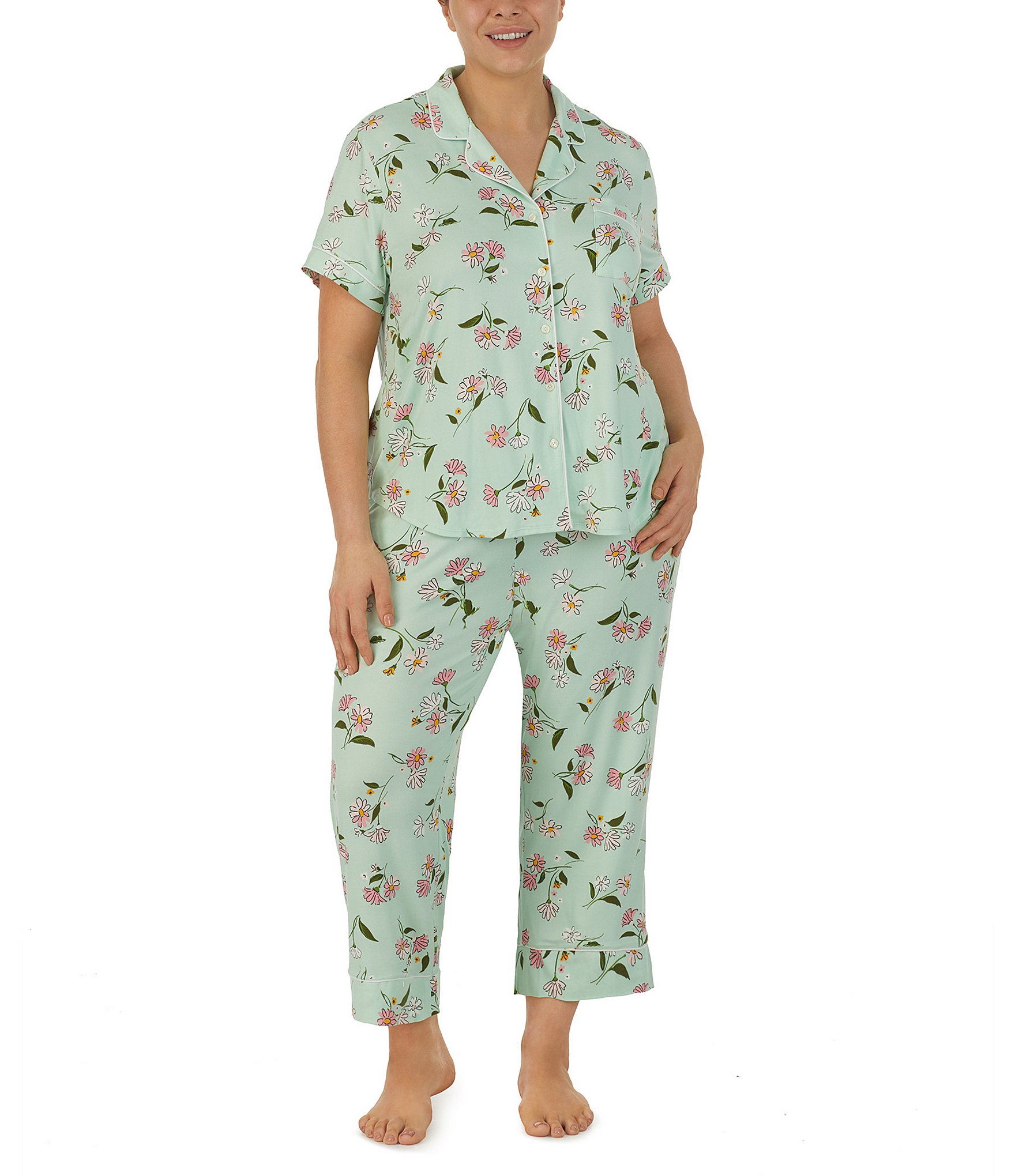 kate spade new york Plus Size Frog Floral Print Short Sleeve Notch Collar  Cropped Brushed Jersey Pajama Set | Dillard's