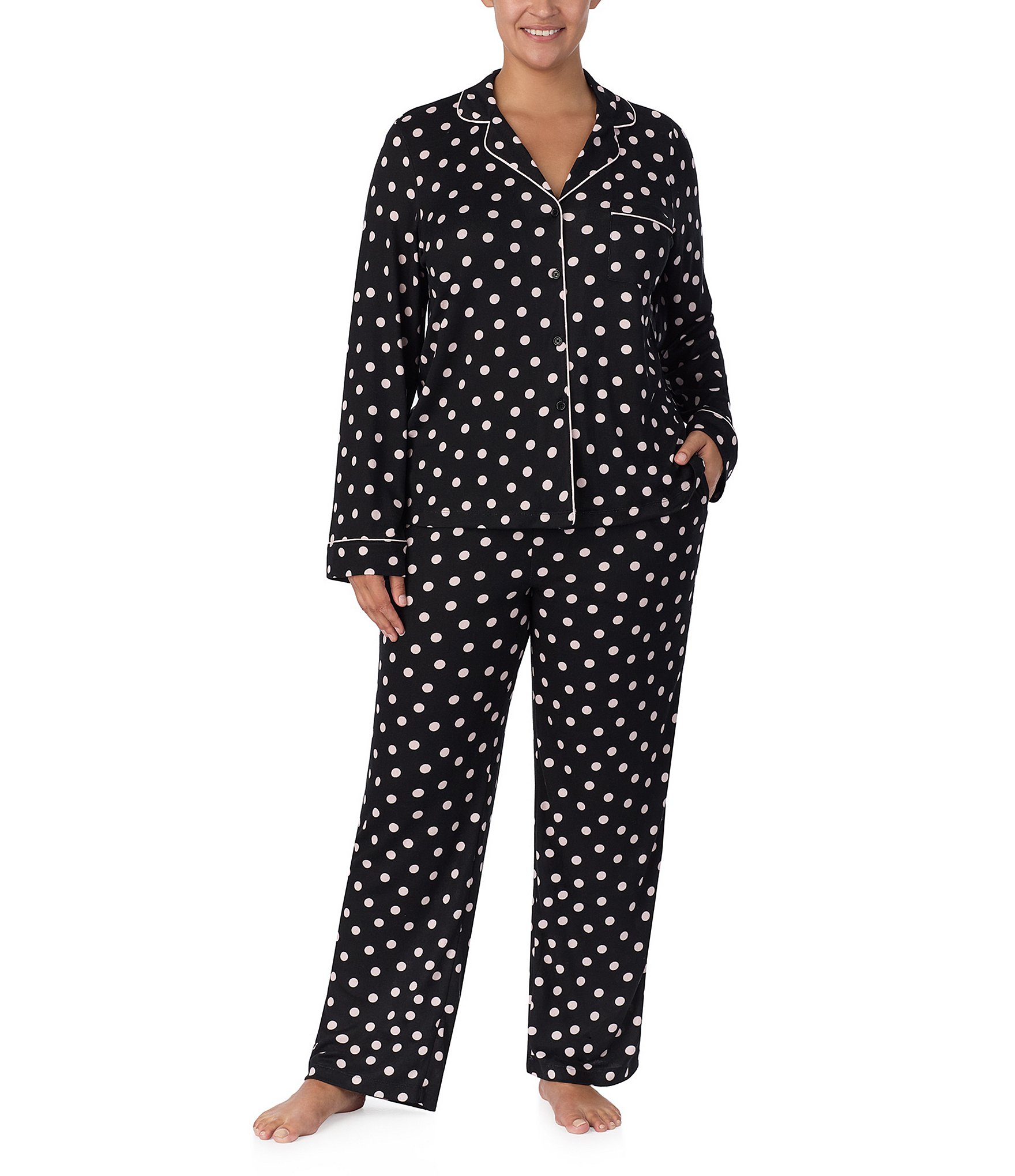 kate spade new york Plus Size Long Sleeve Notch Collar Jolly Dot Print Sweater Knit Holiday Pajama Set