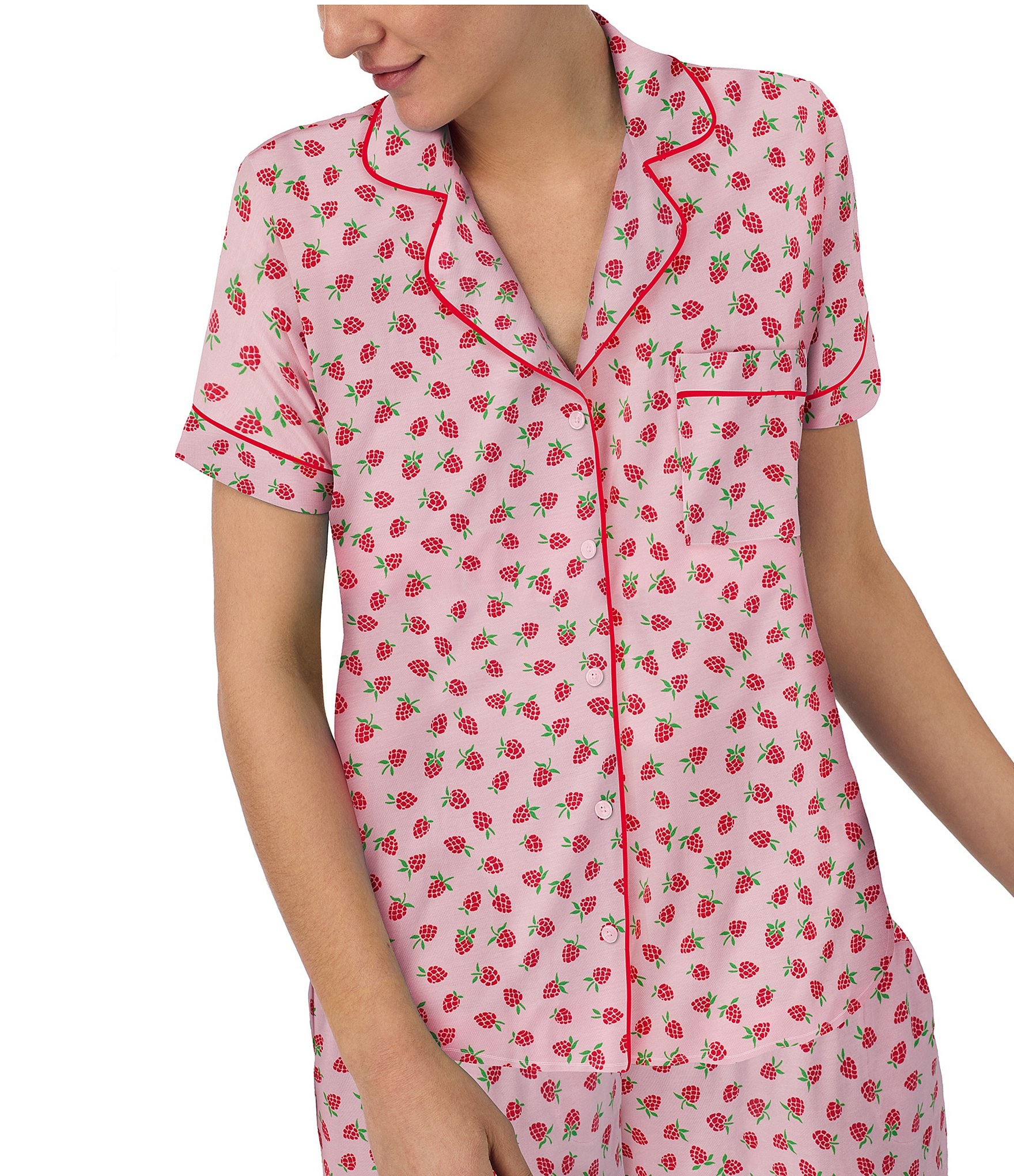 kate spade new york Raspberry Print Short Sleeve Notch Collar Jersey Knit Cropped Pajama Set