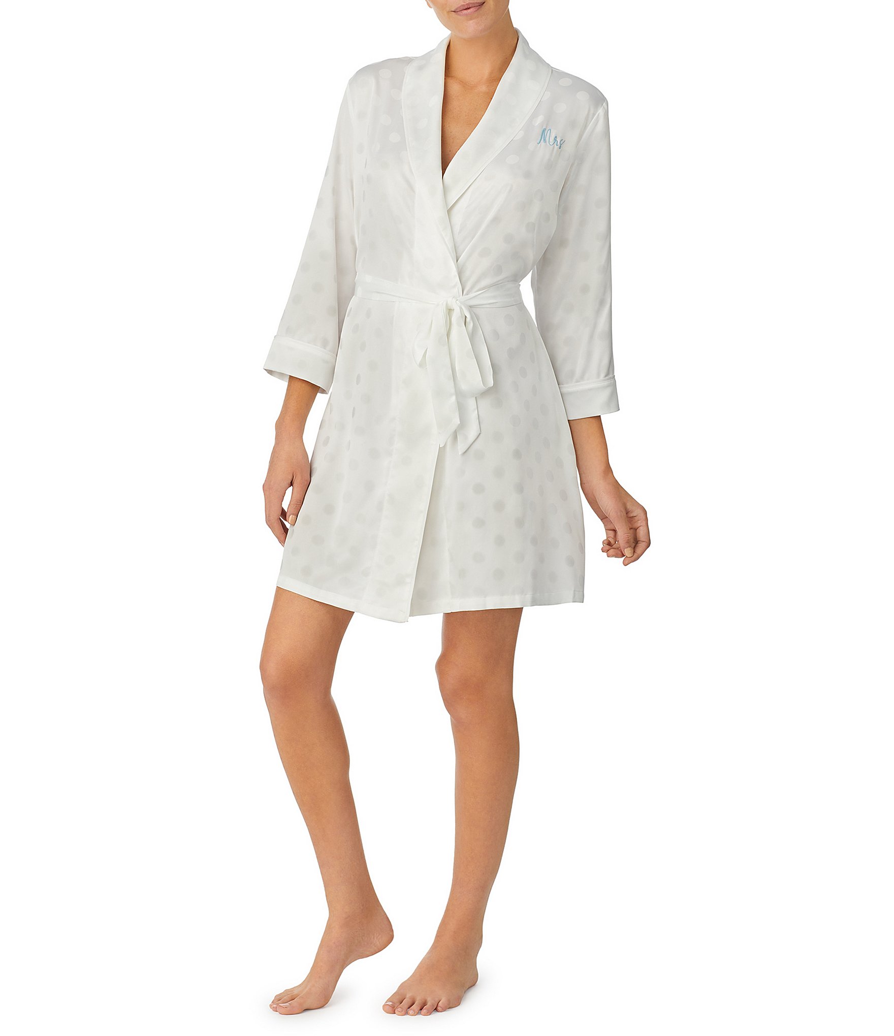 kate spade new york Satin Jacquard Dot 3/4 Sleeve Mrs. Short Bridal Wrap Robe