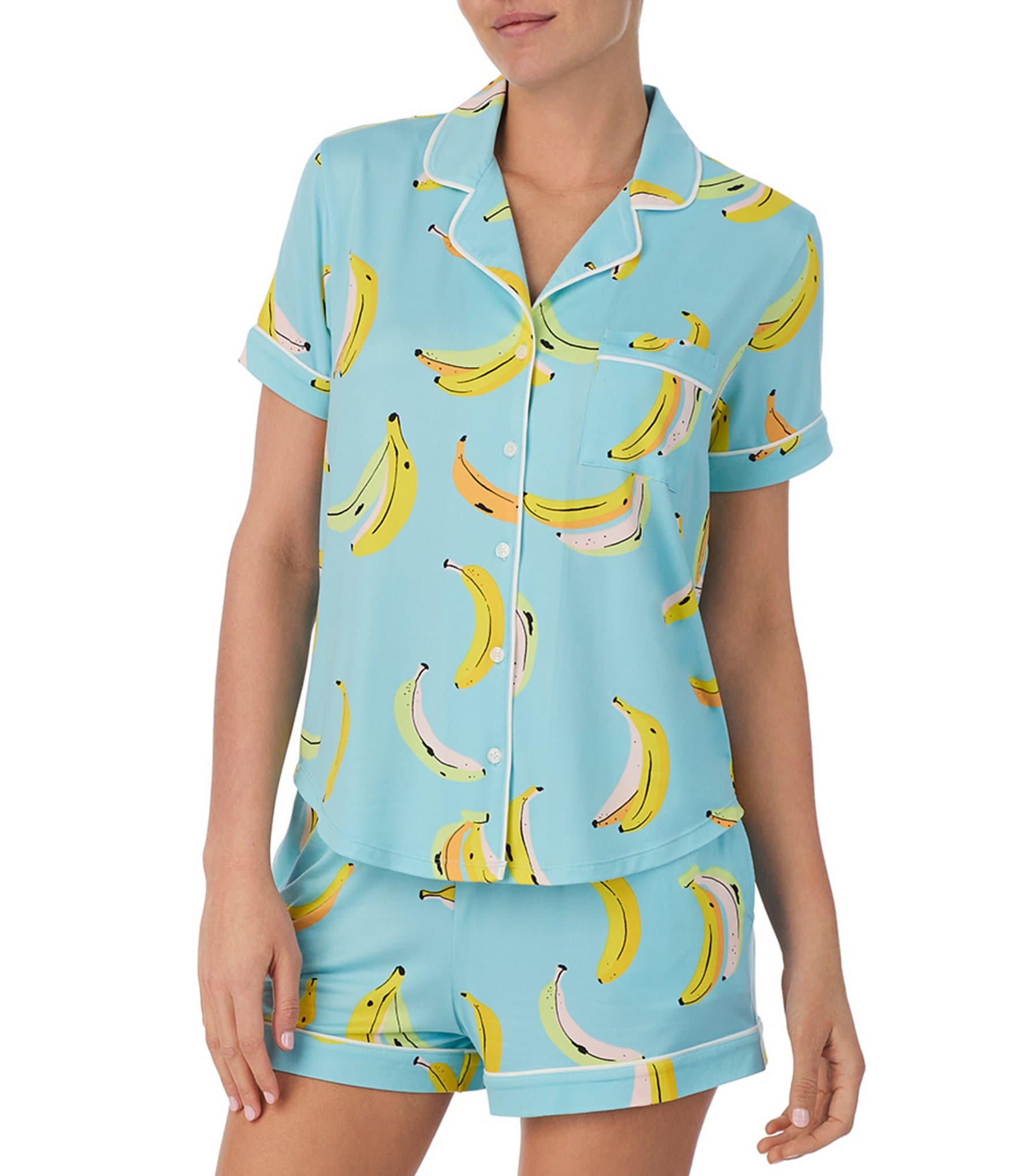 kate spade new york Short Sleeve Notch Collar Cozy Jersey Banana Print Pajama Set