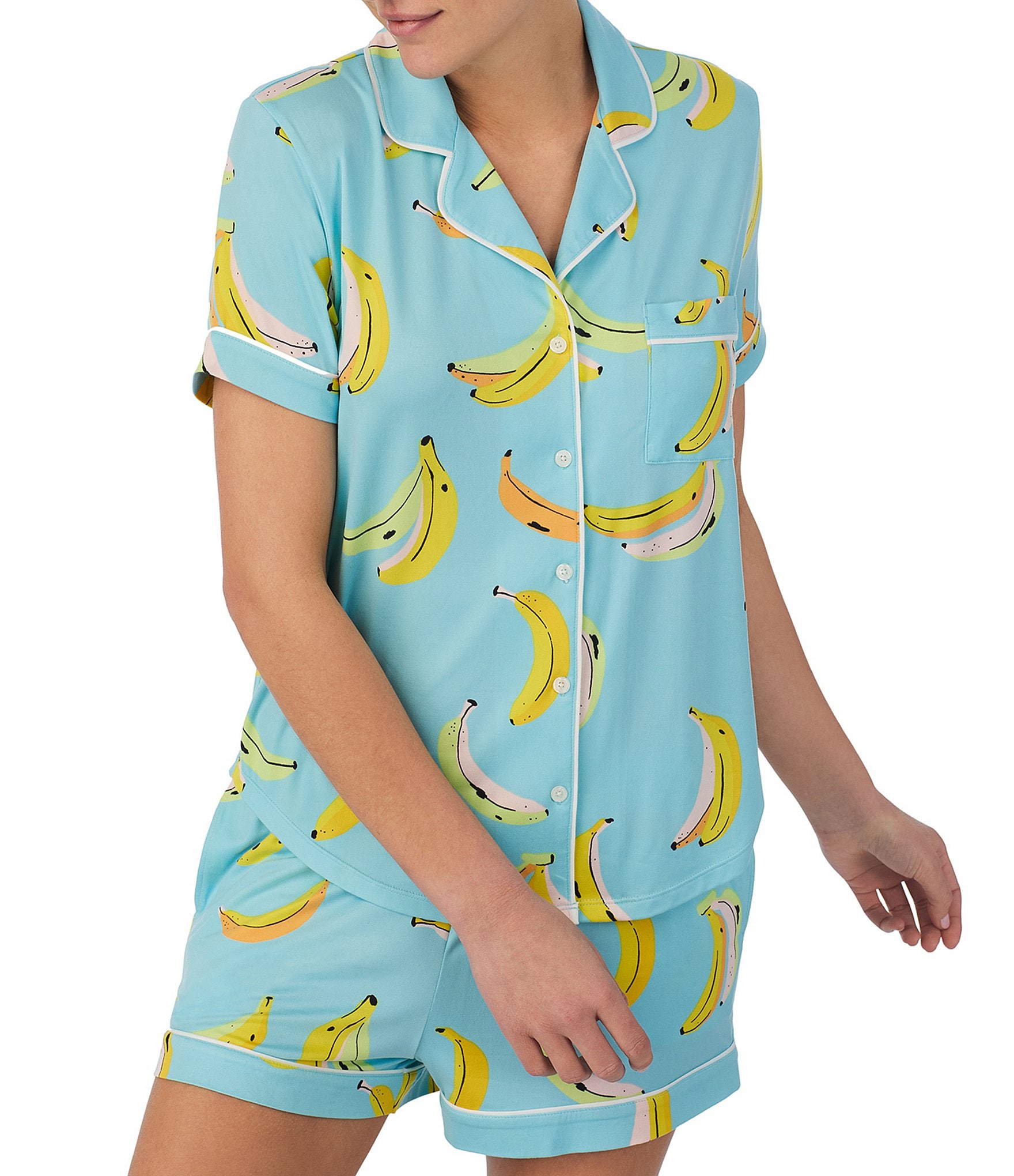 kate spade new york Short Sleeve Notch Collar Cozy Jersey Banana Print Pajama Set