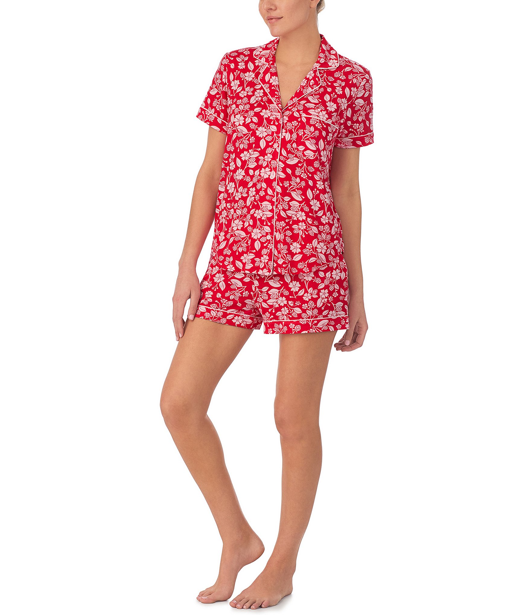 kate spade new york Short Sleeve Notch Collar Cozy Jersey Raspberry Floral Print Pajama Set