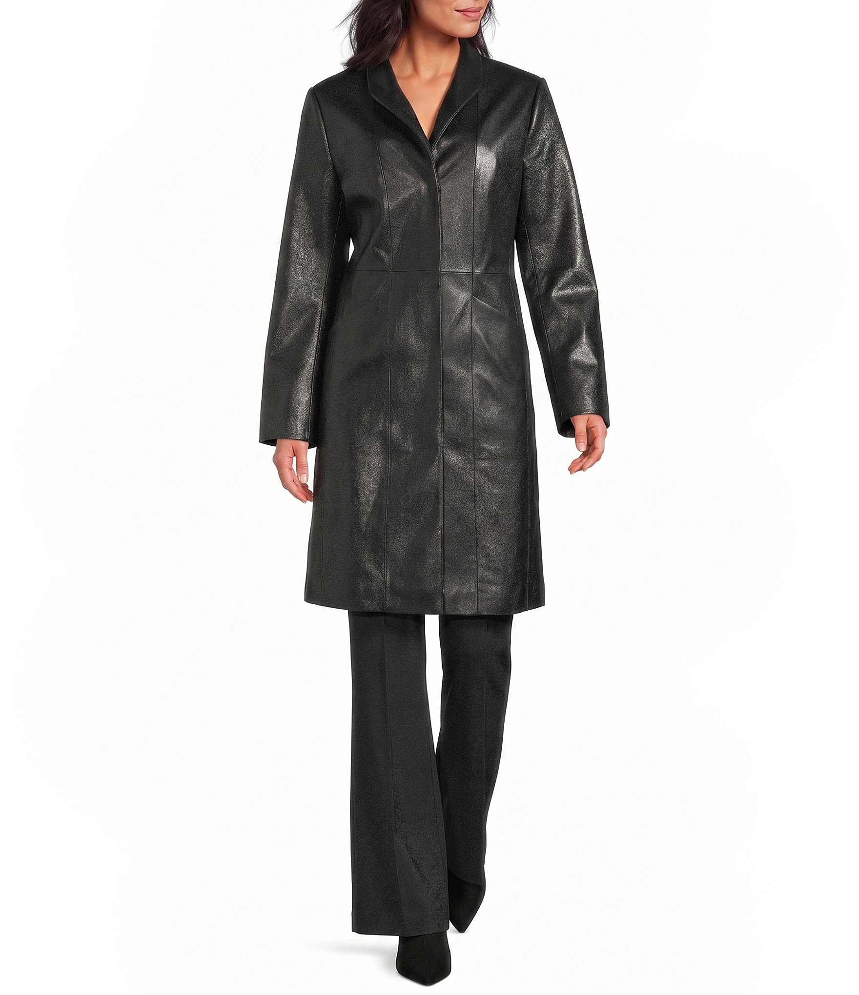 Katherine Kelly Genuine Lamb Leather Tulip Collar Snap Front Coat