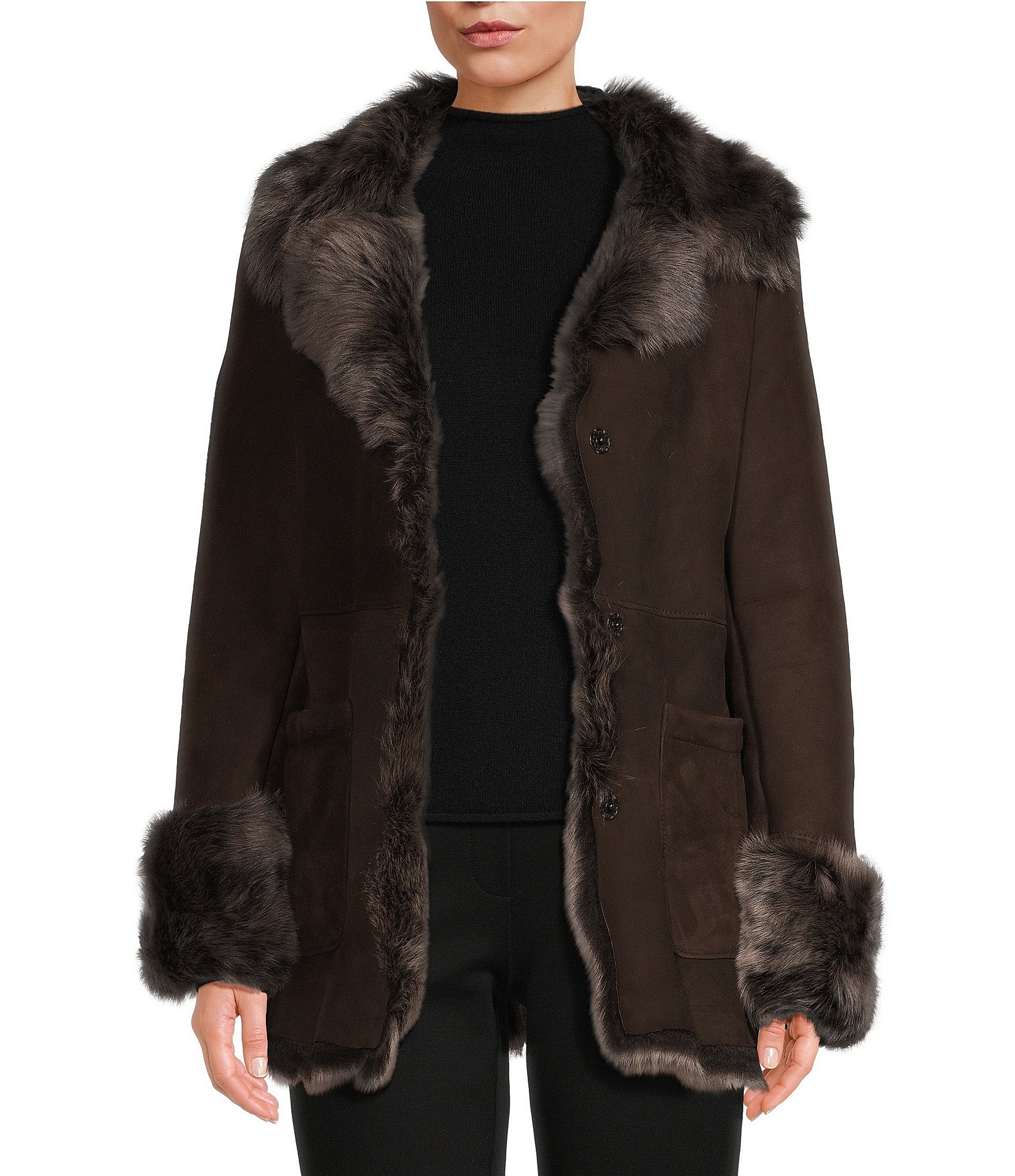 Katherine Kelly Genuine Shearling Modern Shawl Collar Hidden Snap Coat ...