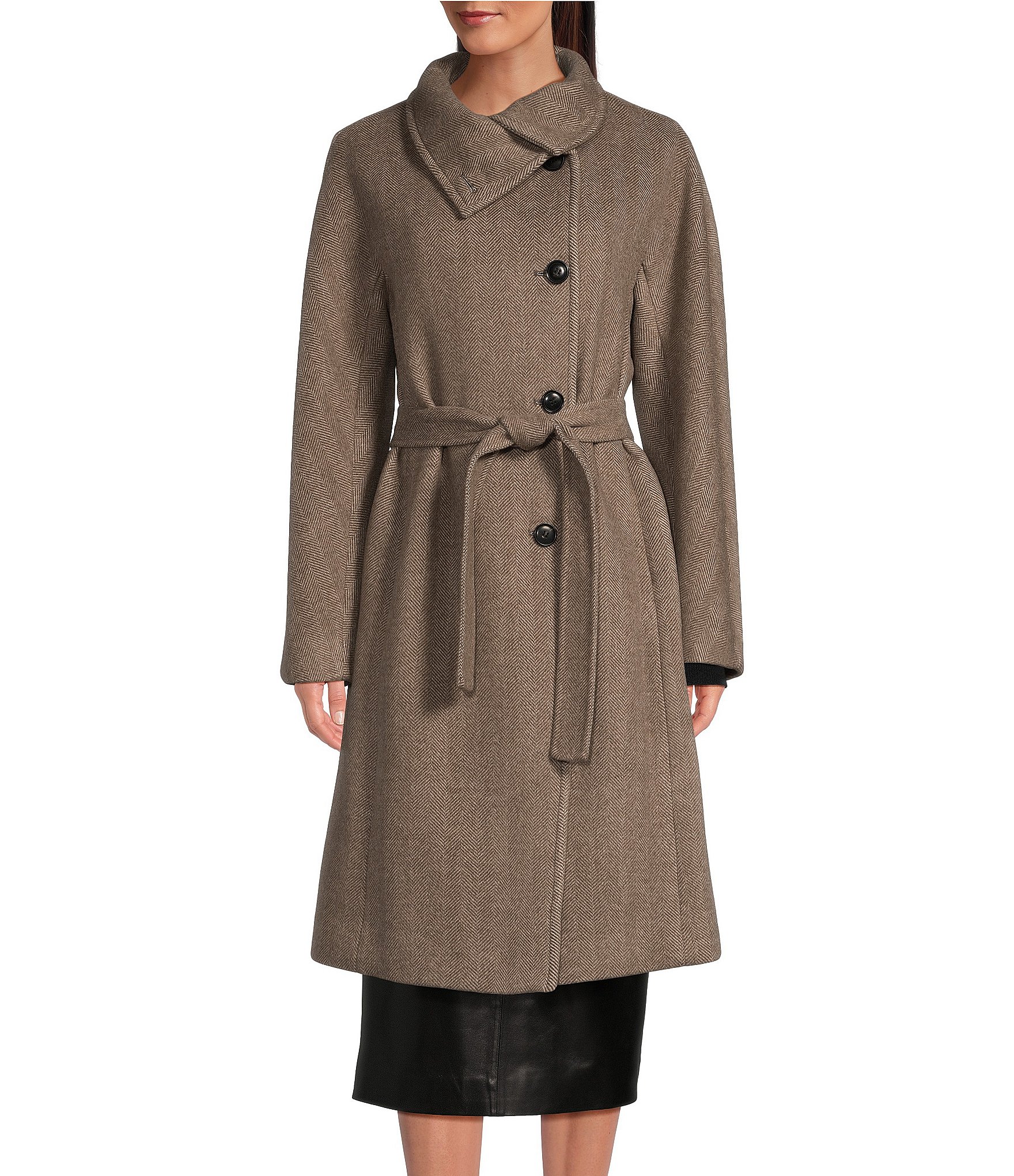 Katherine Kelly Pure Wool Herringbone Funnel Neck Long Sleeve Coat