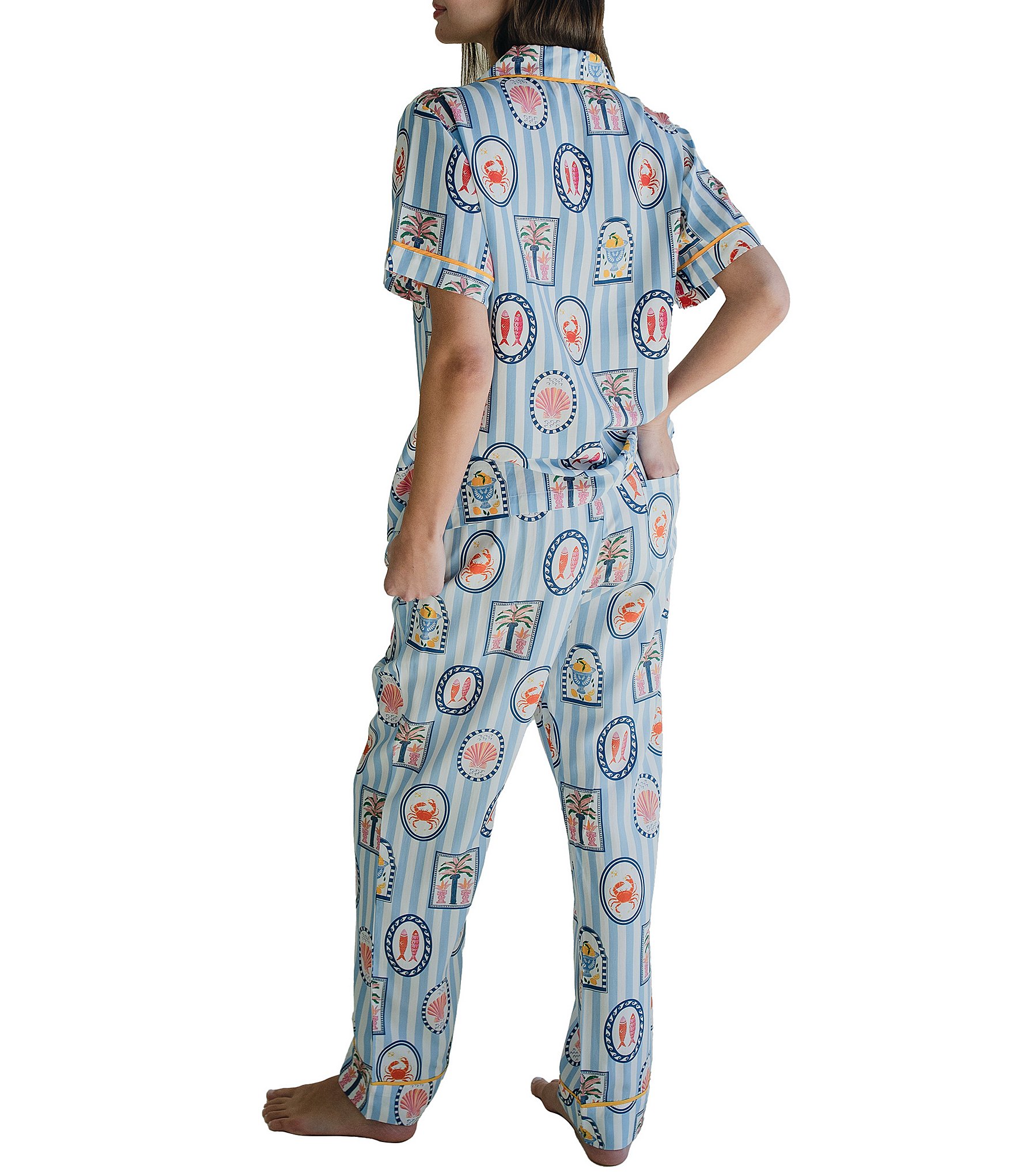 Katie Kime Seaside Stripe Short Sleeve Notch Collar Woven Long Pajama Set