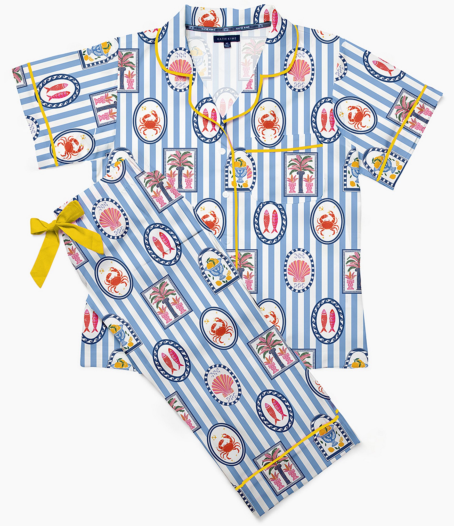 Katie Kime Seaside Stripe Short Sleeve Notch Collar Woven Long Pajama Set