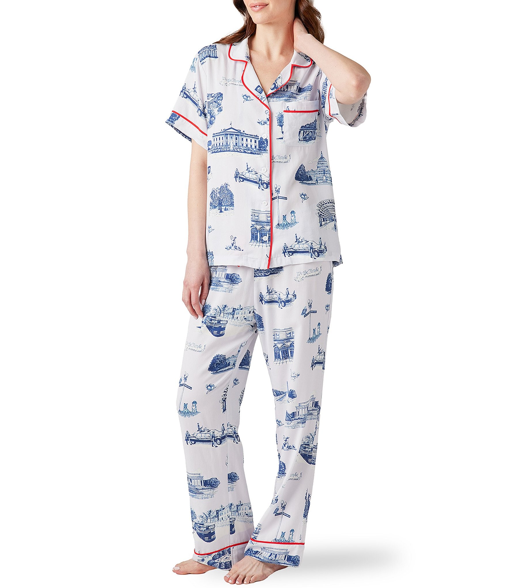 Katie Kime Washington DC Toile Woven Short Sleeve Notch Collar Long Pajama Set