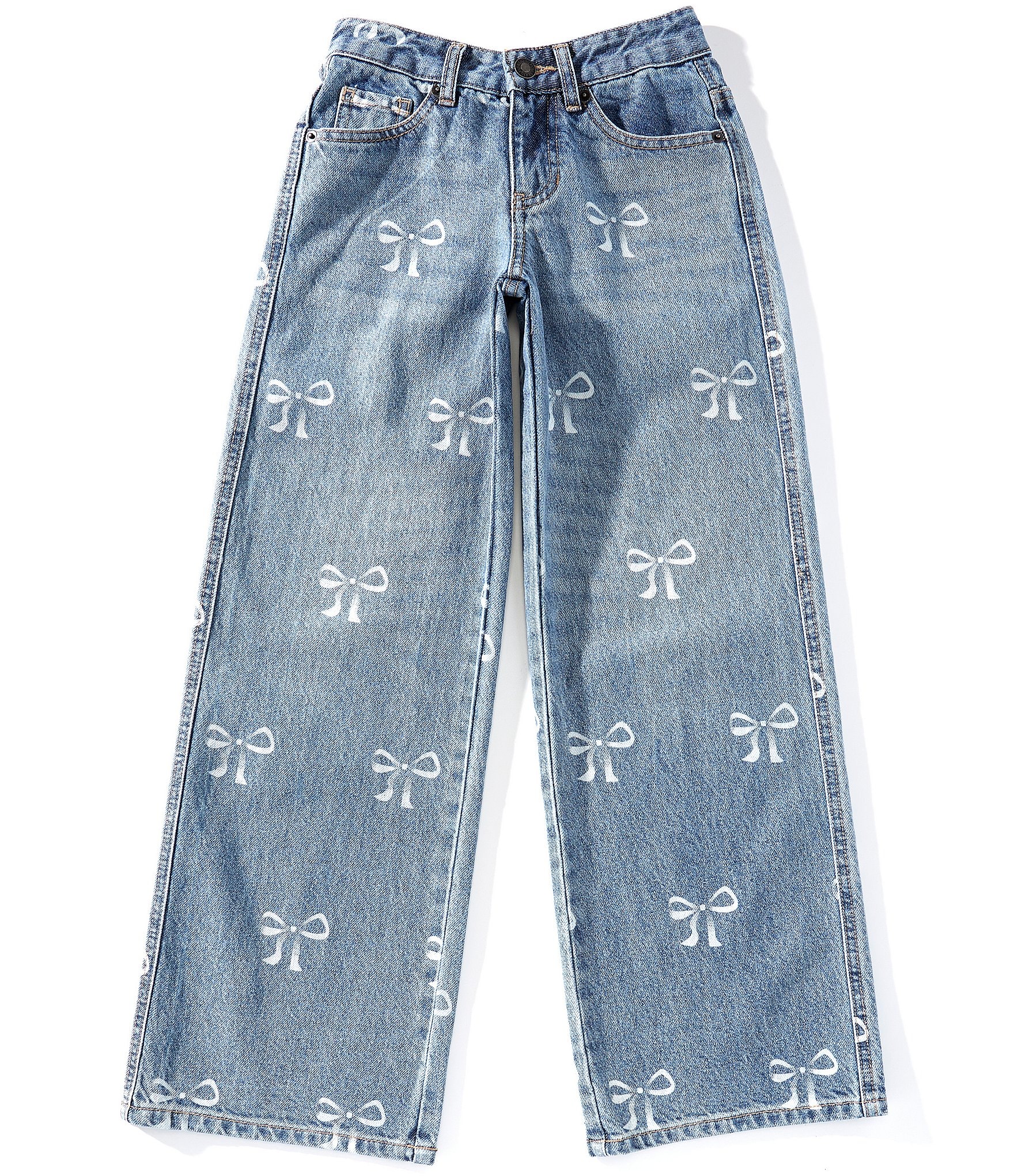 KatieJNYC Big Girls Chicago Bow-Embroidered-Pocket Low-Rise Wide-Leg Jeans