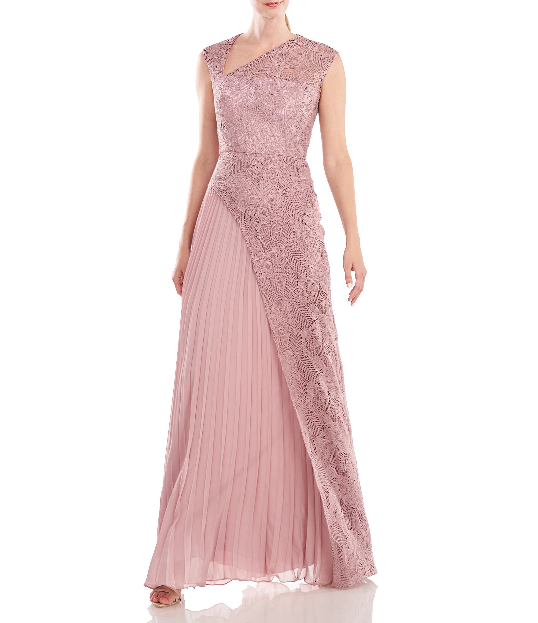 Kay Unger Asymmetric Neck Sleeveless Pleated Lace Overlay Gown