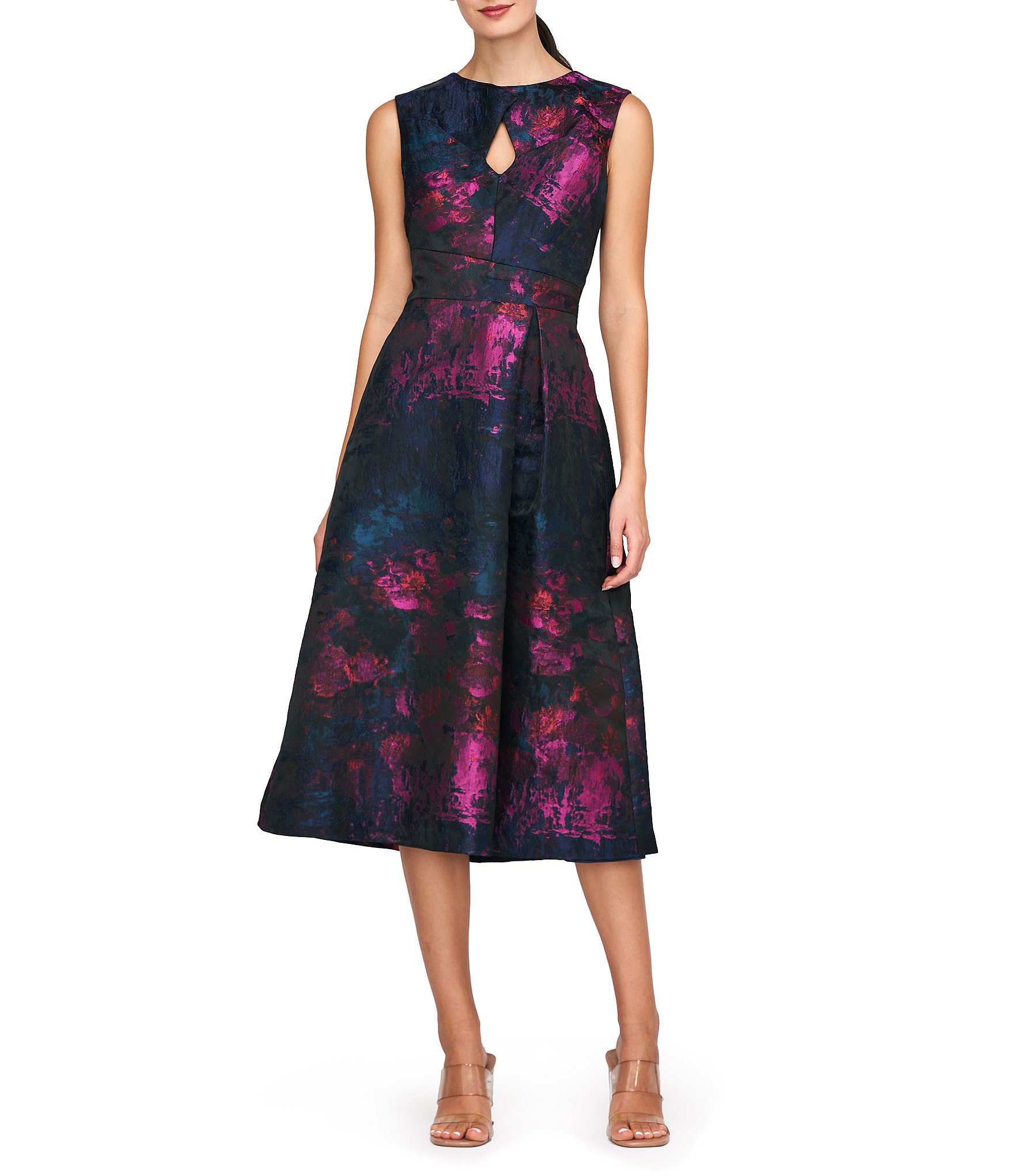 Kay Unger Beckett Floral Jacquard Keyhole Neck Sleeveless Pleated Midi ...