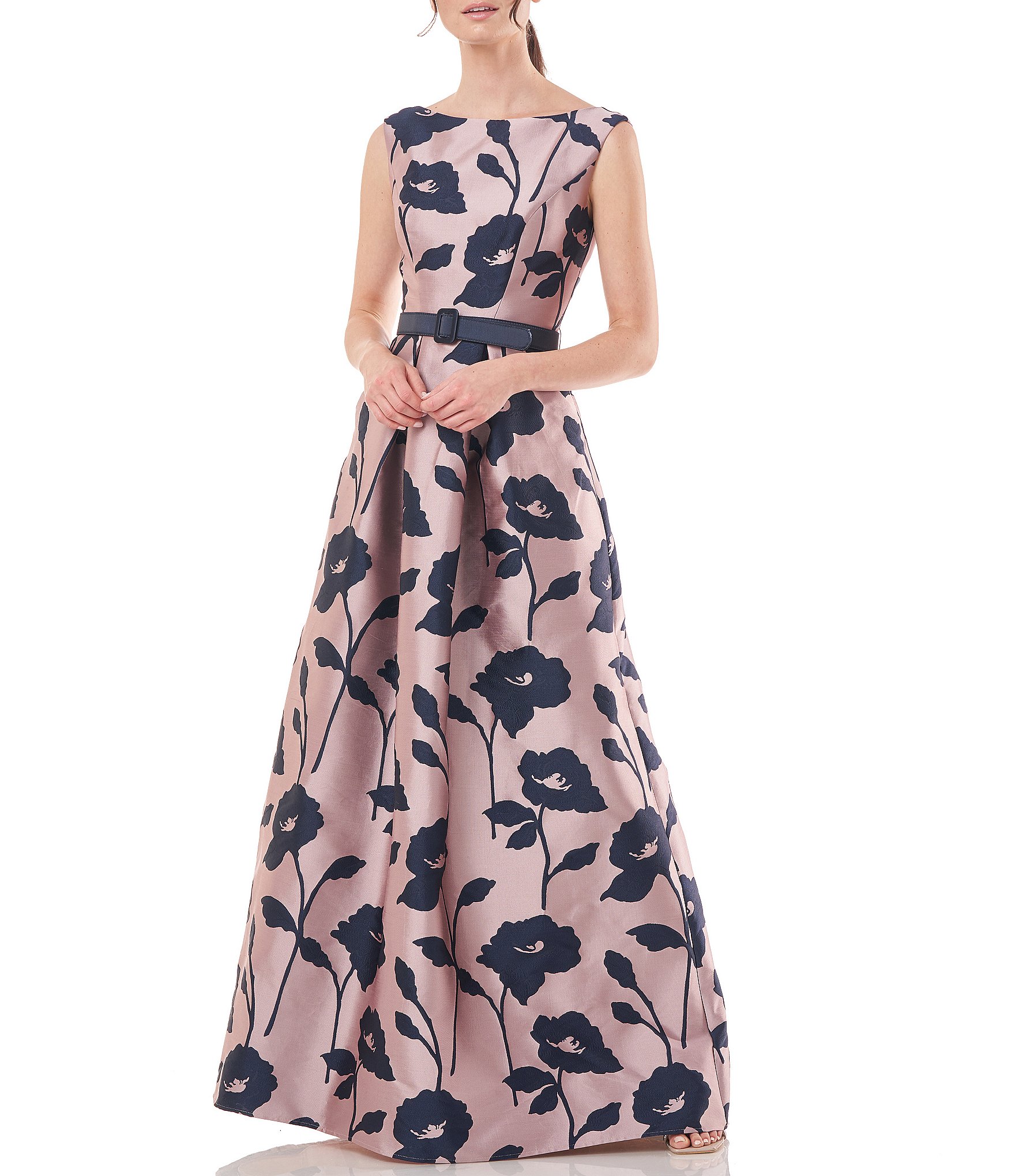Kay Unger Cap Sleeve Bateau Neck Belted Two Tone Floral Jacquard ...