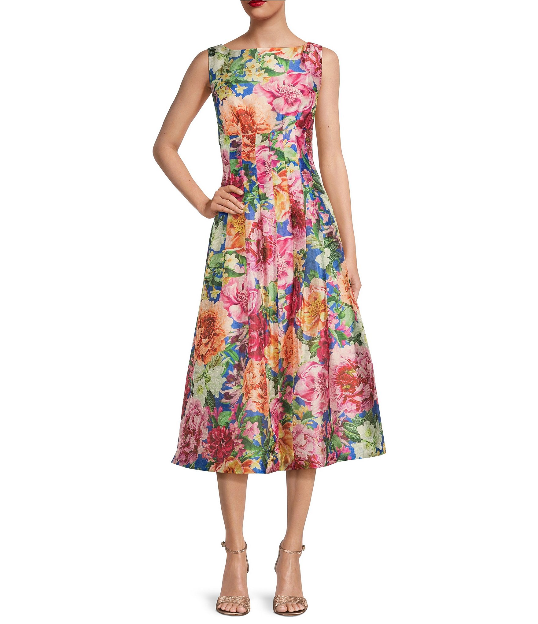 Kay Unger Floral Boat Neck Sleeveless A-Line Dress | Dillard's