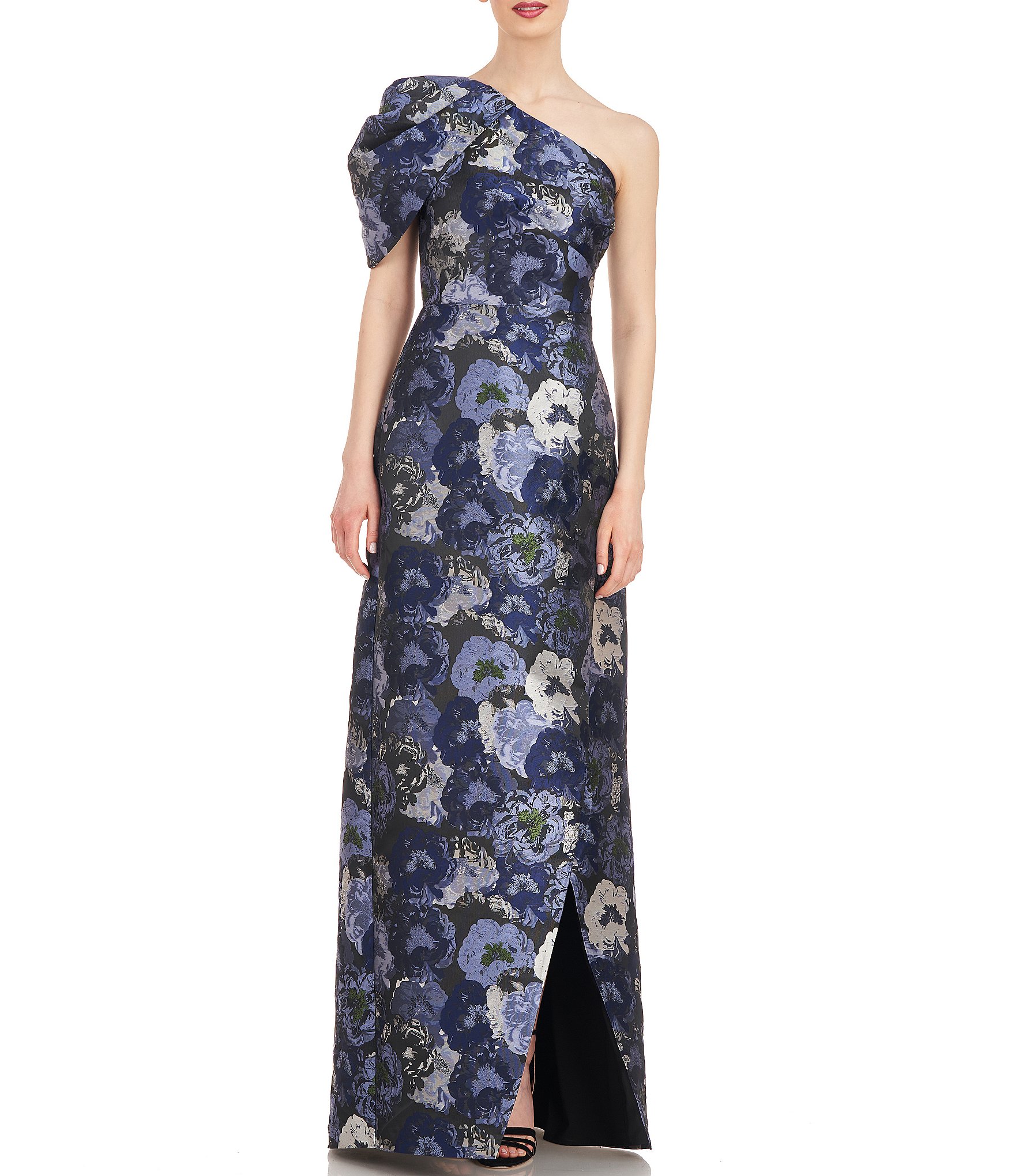 Kay Unger Floral Jacquard One Shoulder Drape Puff Sleeve Gown | Dillard's
