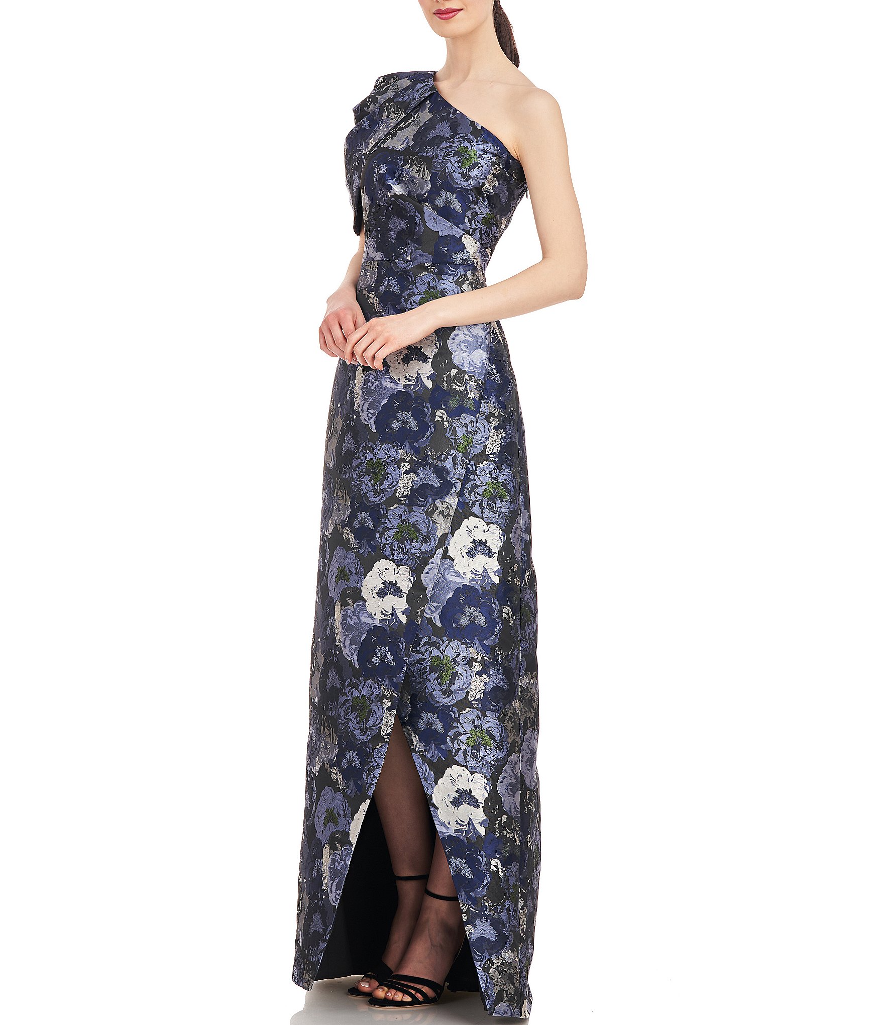 Kay Unger Floral Jacquard One Shoulder Drape Puff Sleeve Gown