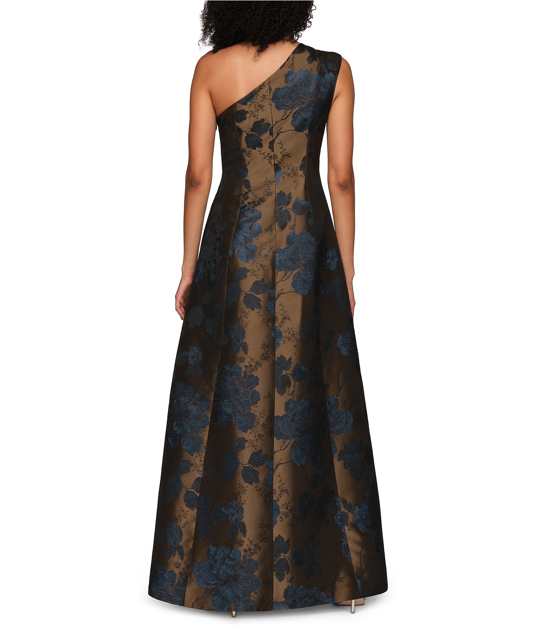 Kay Unger Floral Jacquard One Shoulder Gown