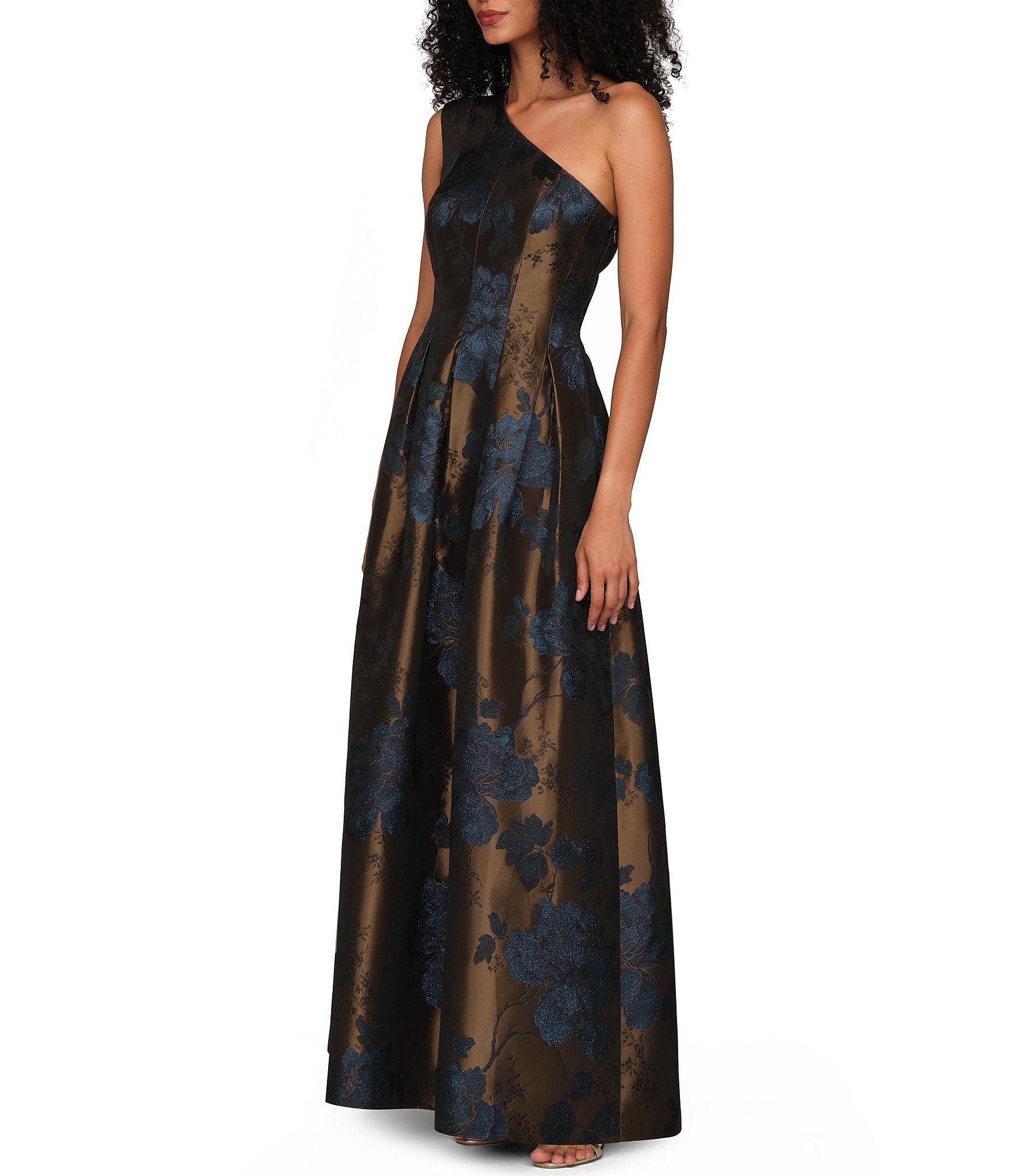 Kay Unger Floral Jacquard One Shoulder Gown