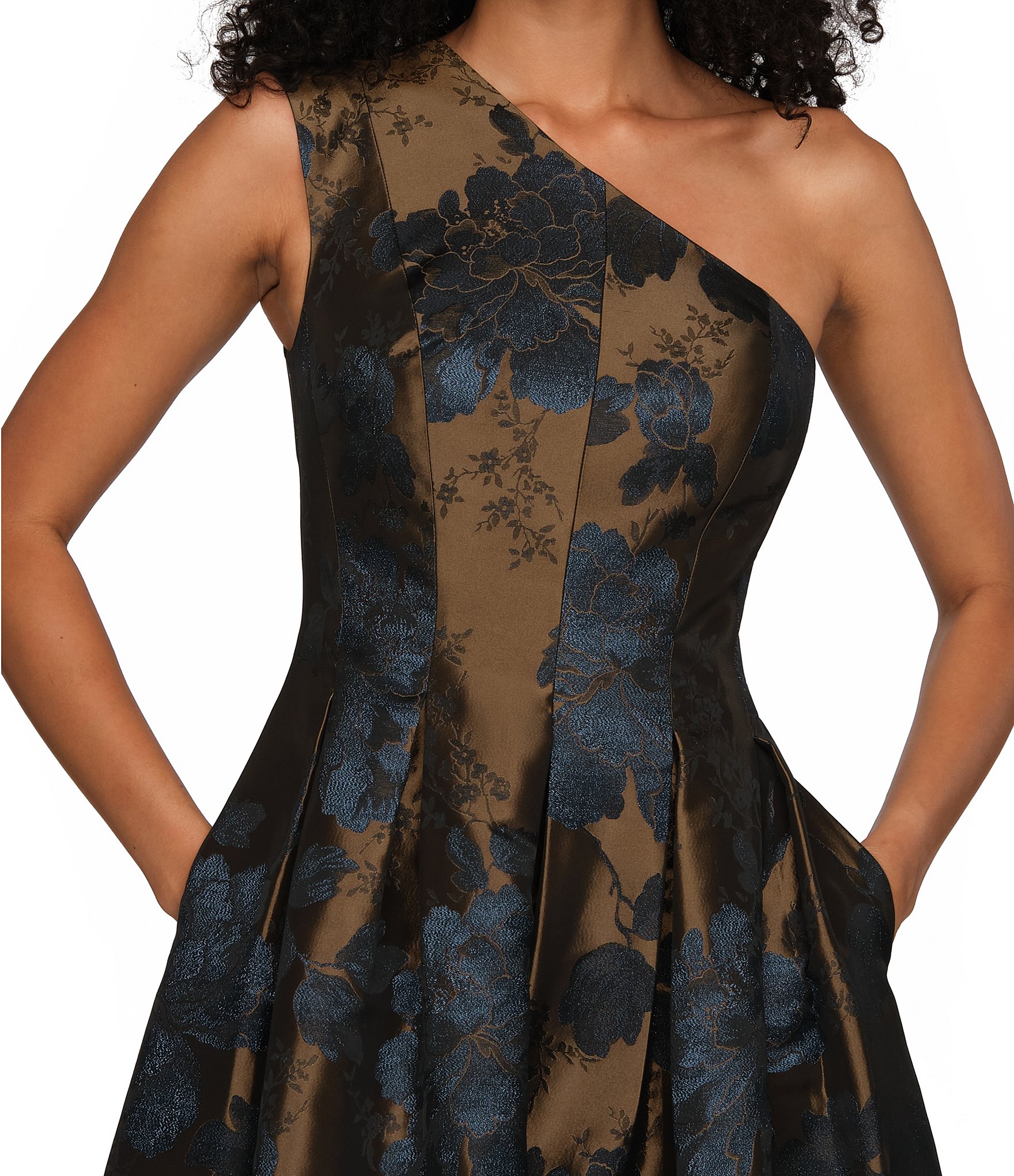 Kay Unger Floral Jacquard One Shoulder Gown