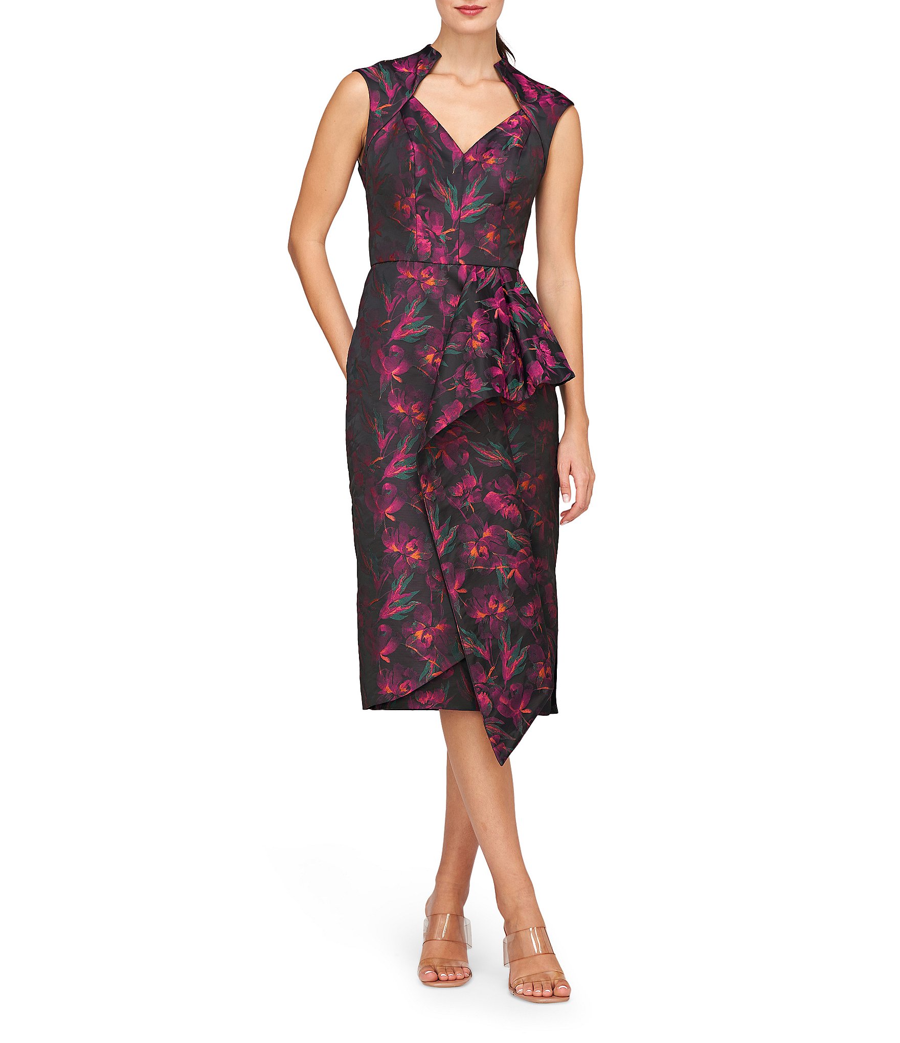 Kay Unger Floral Jacquard V-Neck Cap Sleeve Ruffle Midi Dress | Dillard's