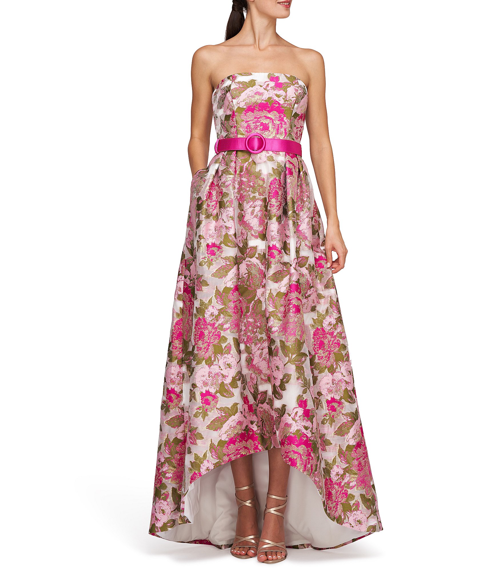 Kay Unger Floral Metallic Organza Jacquard Strapless Sleeveless Belted ...