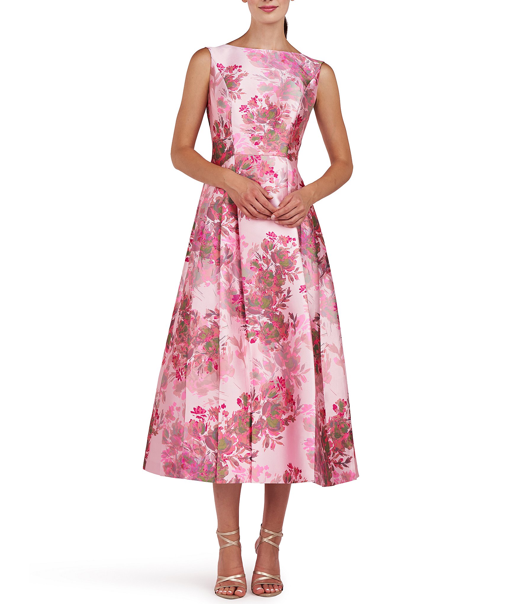 Kay Unger Floral Mikado Boat Neckline Sleeveless Fit and Flare Dress ...