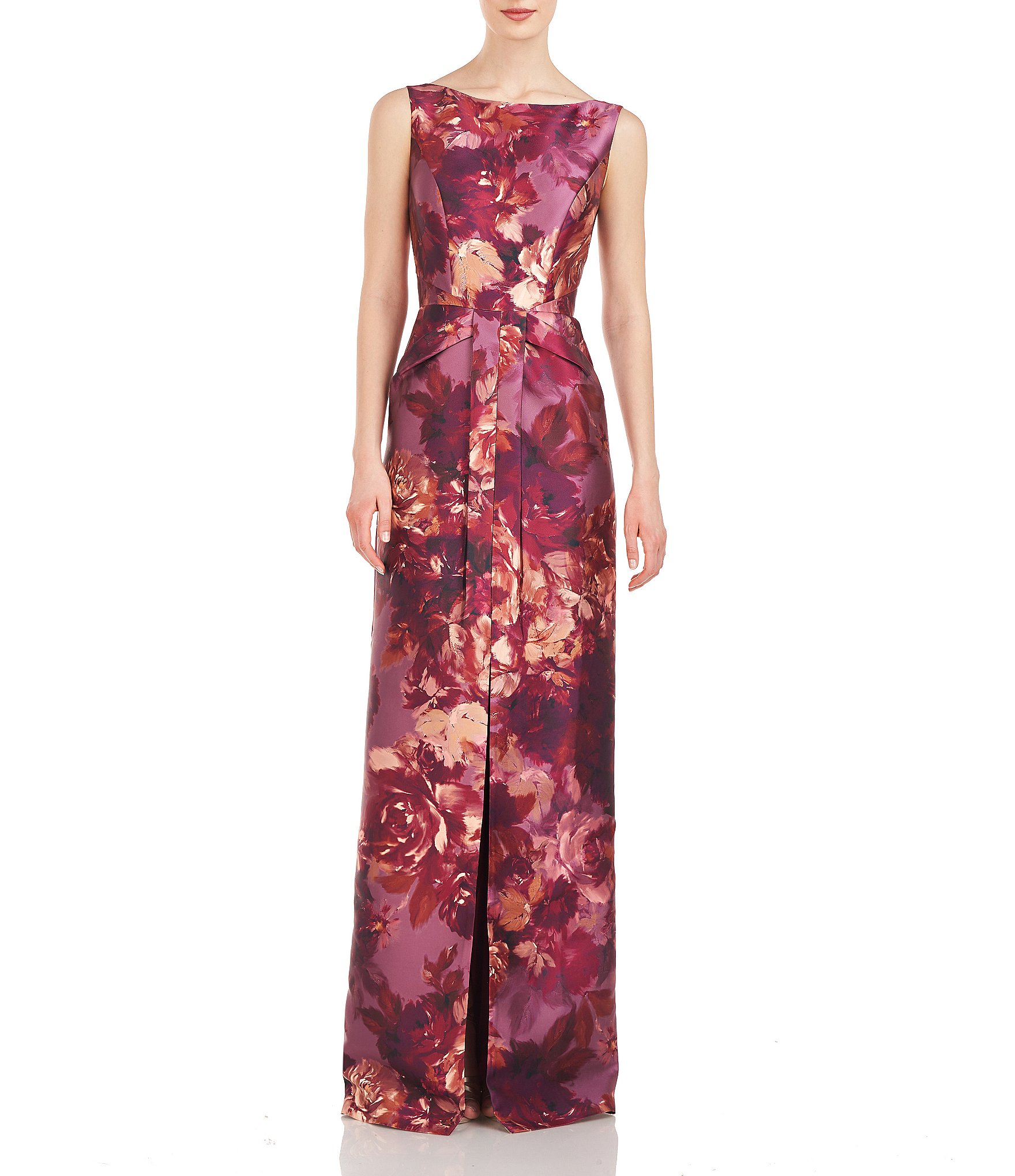 Kay Unger Floral Mikado Boat Neck Sleeveless Pleated Skirt with Slit ...