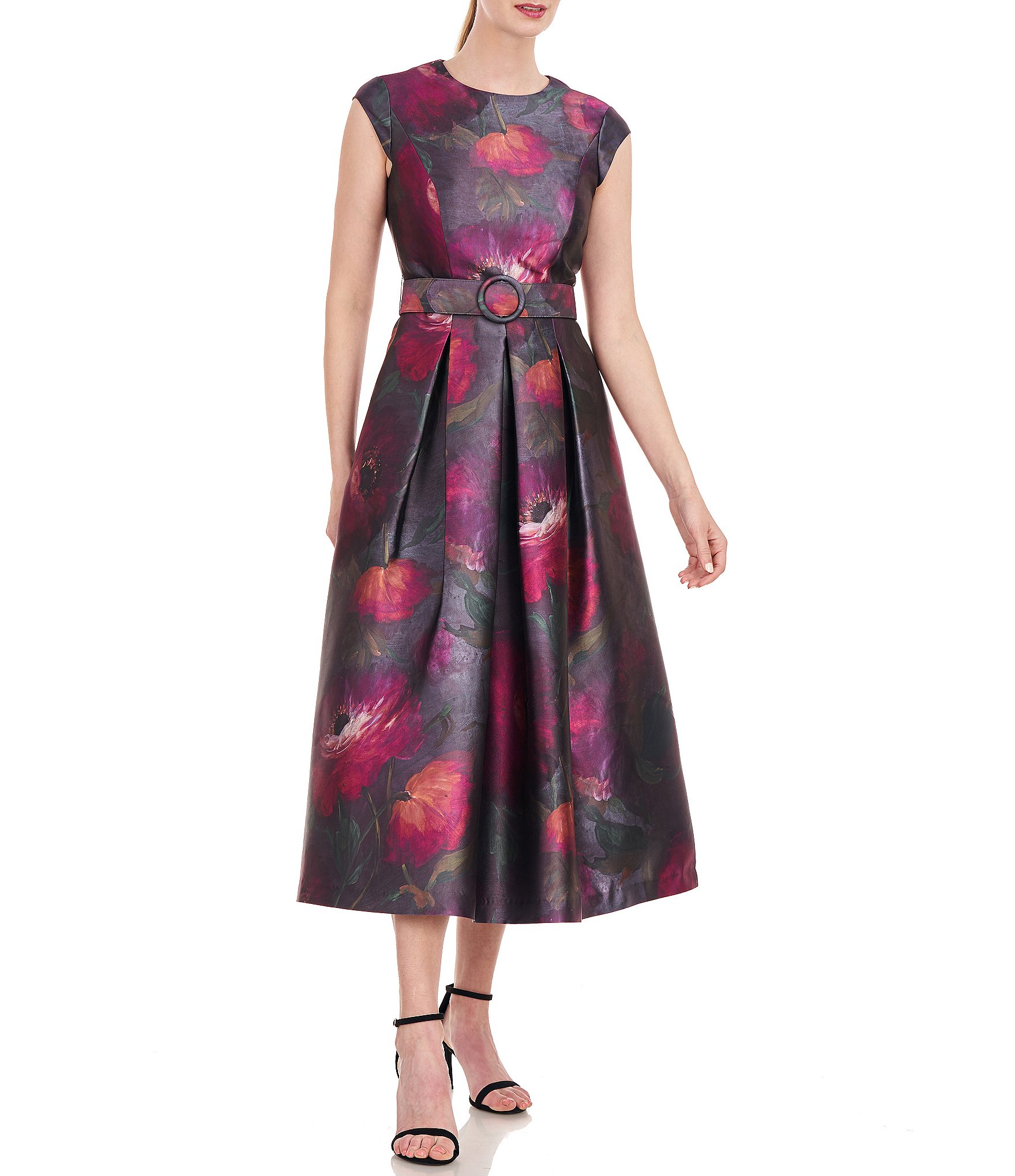 Kay Unger Floral Mikado Crew Neckline Cap Sleeve Pleated Fit and Flare ...