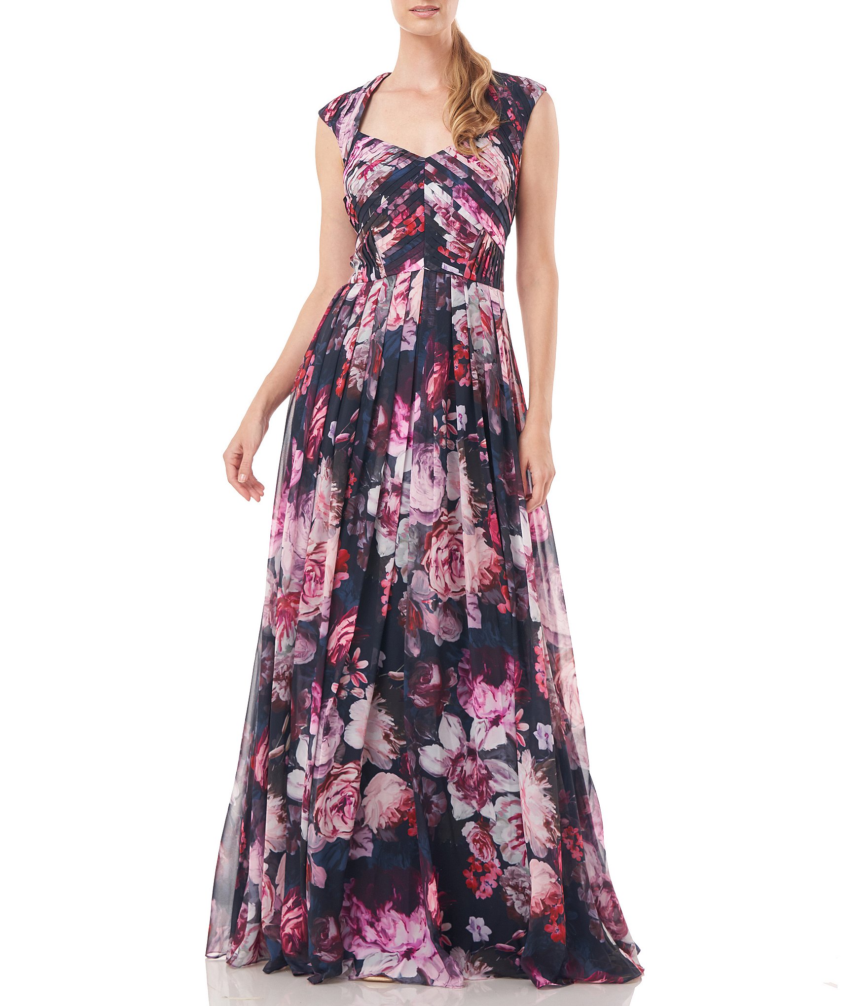 Kay Unger Floral Print Crew Keyhole Neck Cap Sleeve Jacquard A-Line Tulip  Hem Midi Dress | Dillard's