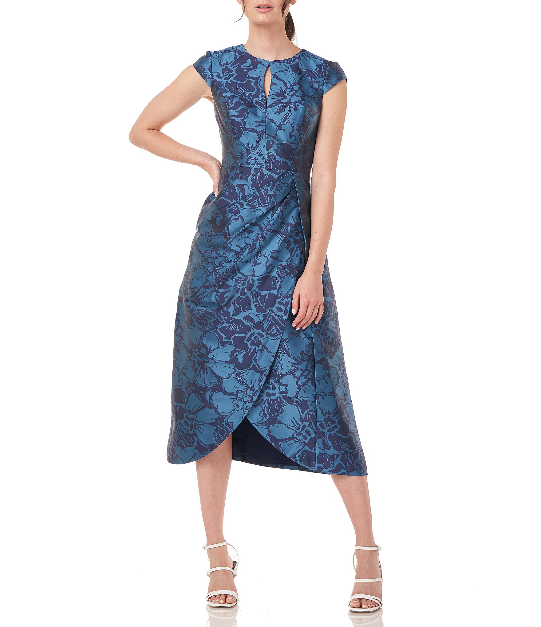 Kay Unger Floral Print Crew Keyhole Neck Cap Sleeve Jacquard A-Line Tulip  Hem Midi Dress | Dillard's