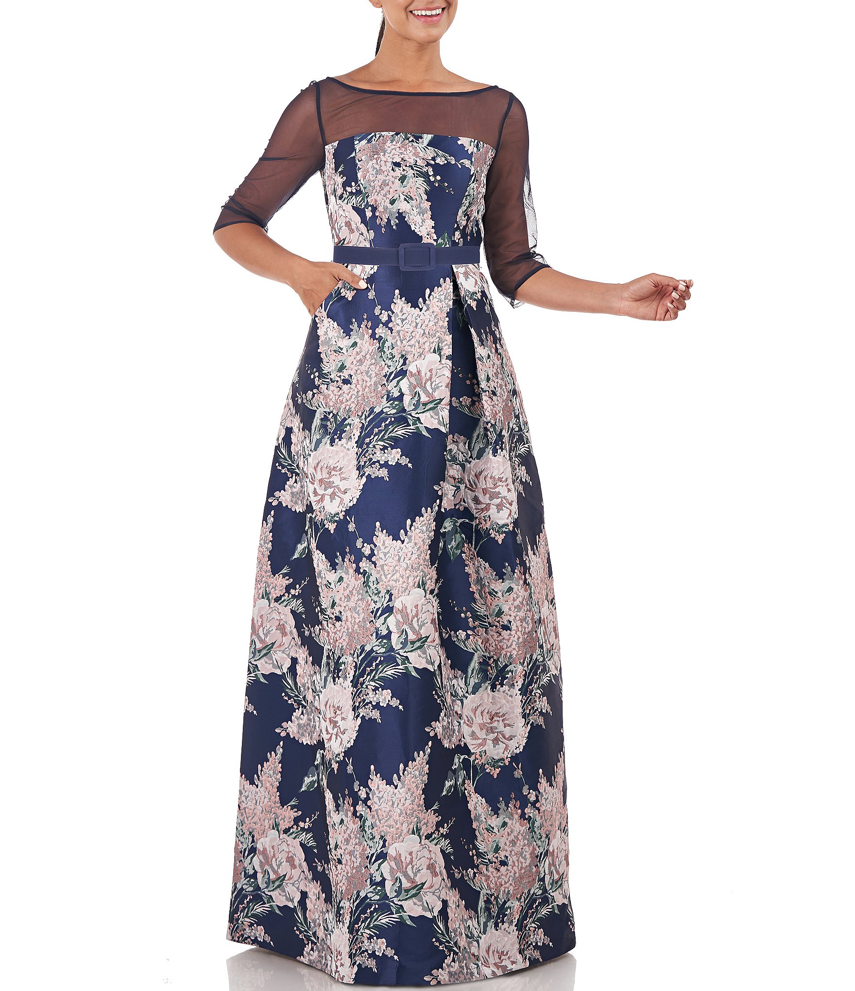 Kay Unger Floral Print Illusion Boat Neck 3/4 Sleeve Jacquard Ball Gown ...