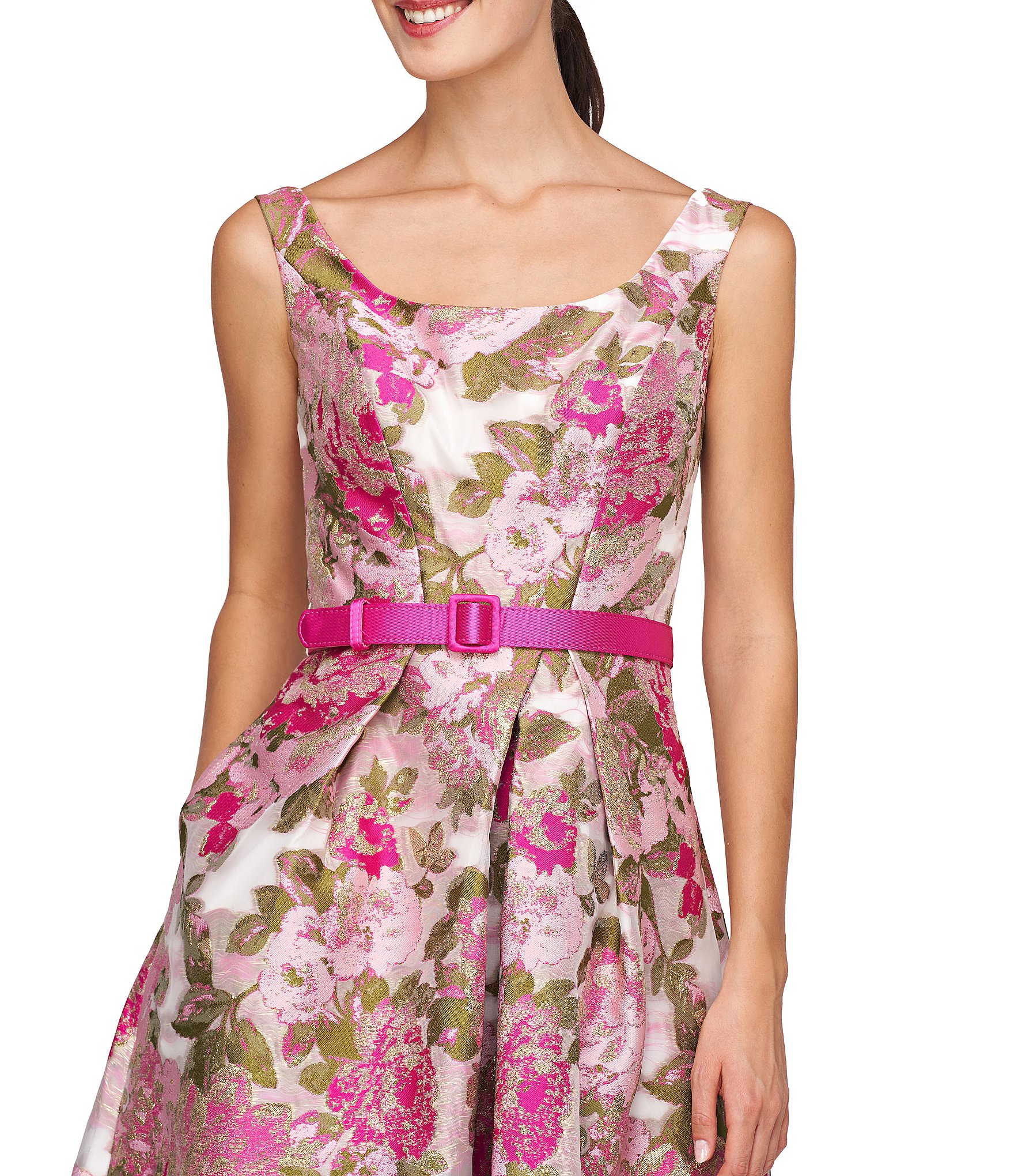 Kay Unger Floral Print Metallic Organza Jacquard Scoop Neck Sleeveless Belted Dress