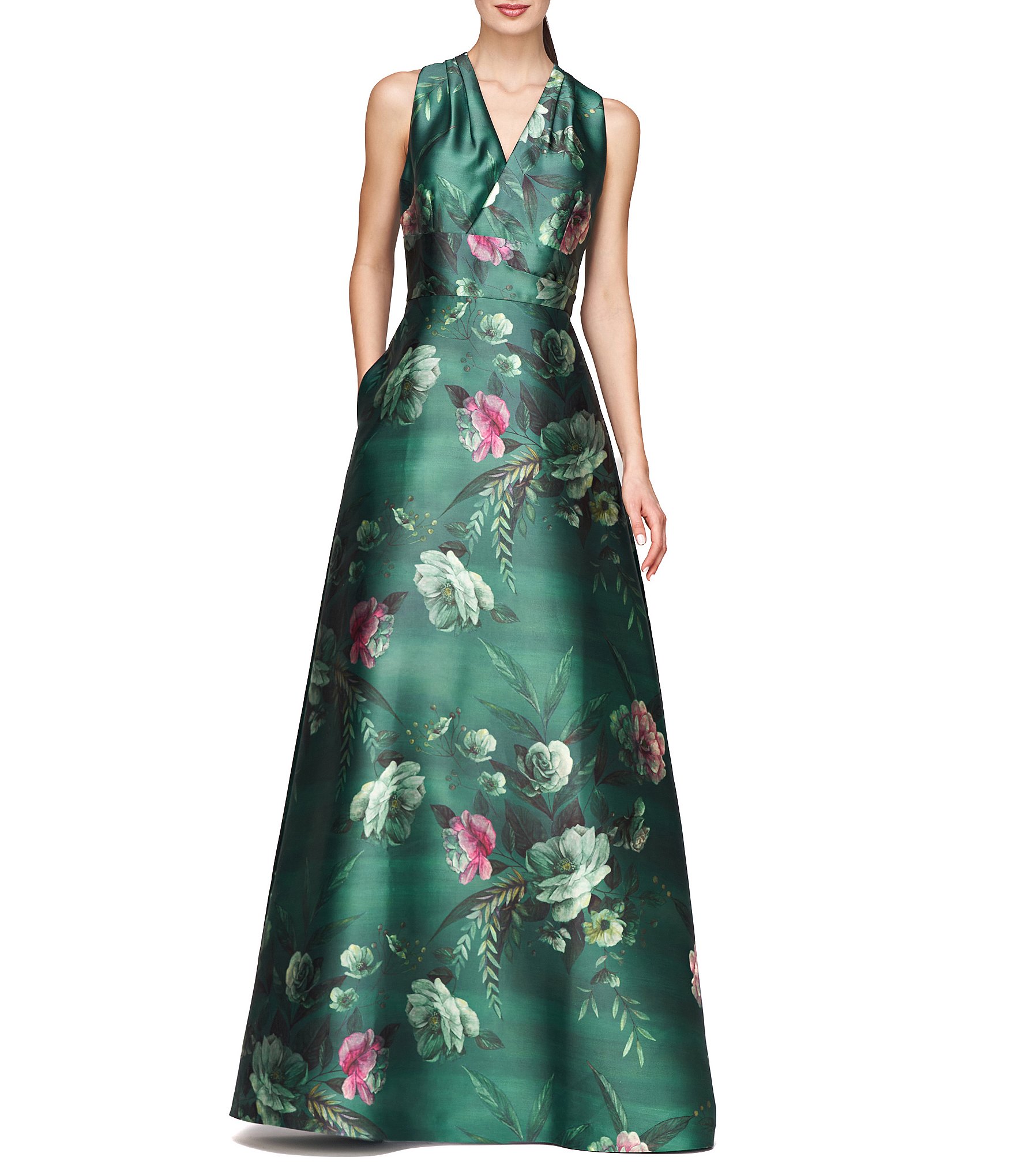 Kay Unger Floral Print Mikado V-Neck Sleeveless Side Pocket Gown