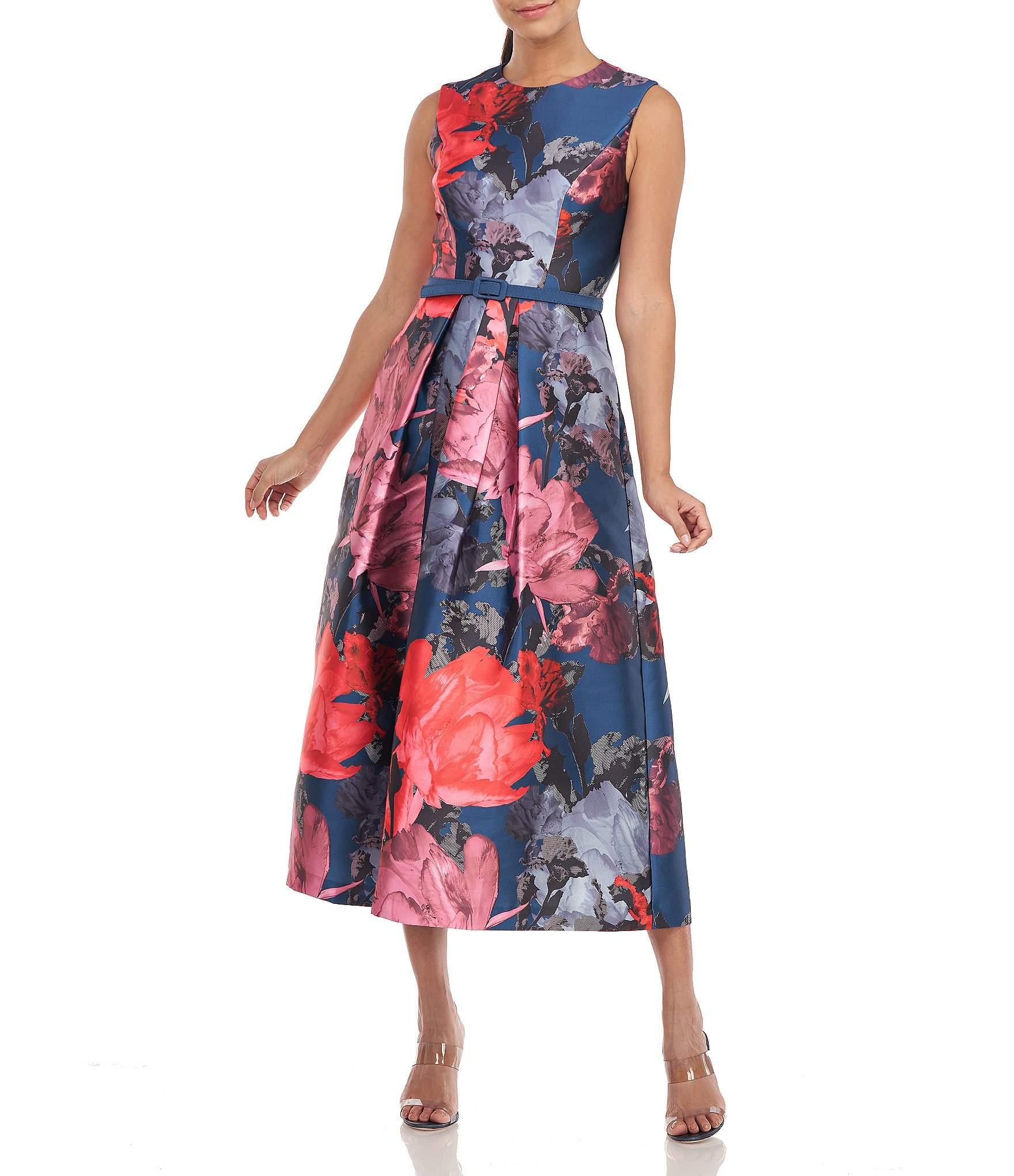 Kay Unger Floral Print Pleated Crew Neck Sleeveless Belted A-Line Dress ...