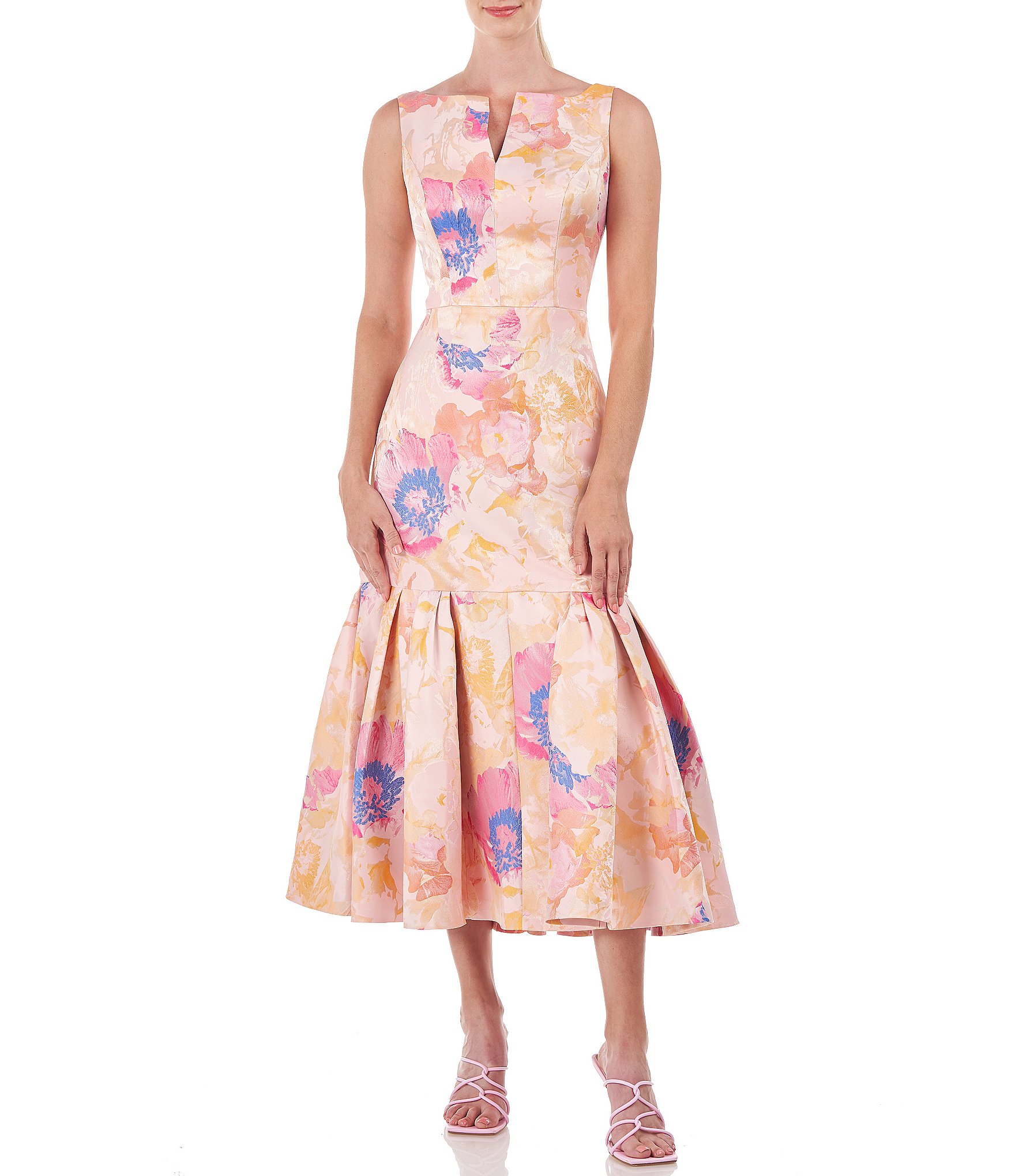 Kay Unger Floral Print Sleeveless Split Boat Neck Dress | Dillard's