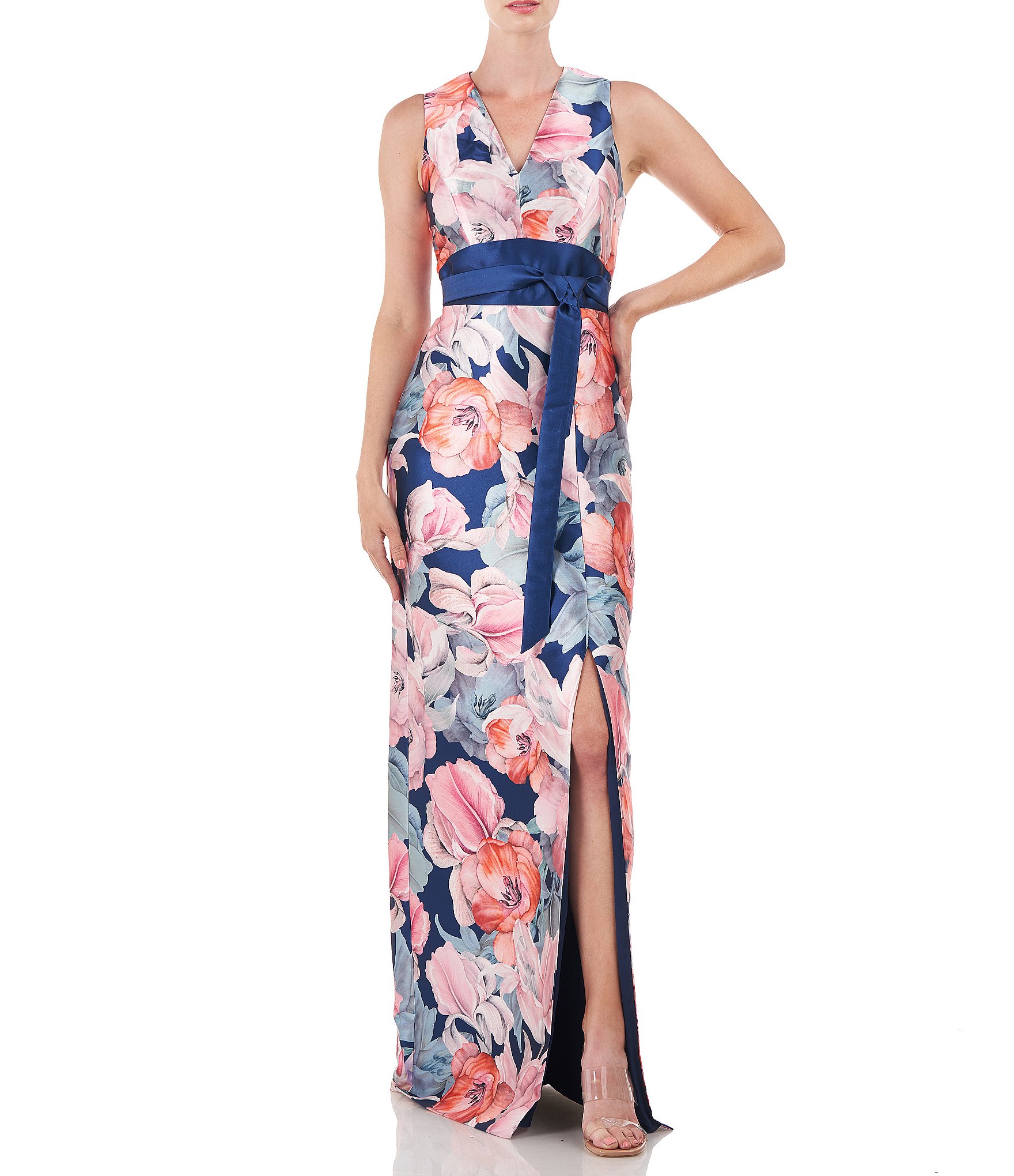 Kay Unger Floral Print Solid Waistband Sleeveless V-Neckline Gown ...