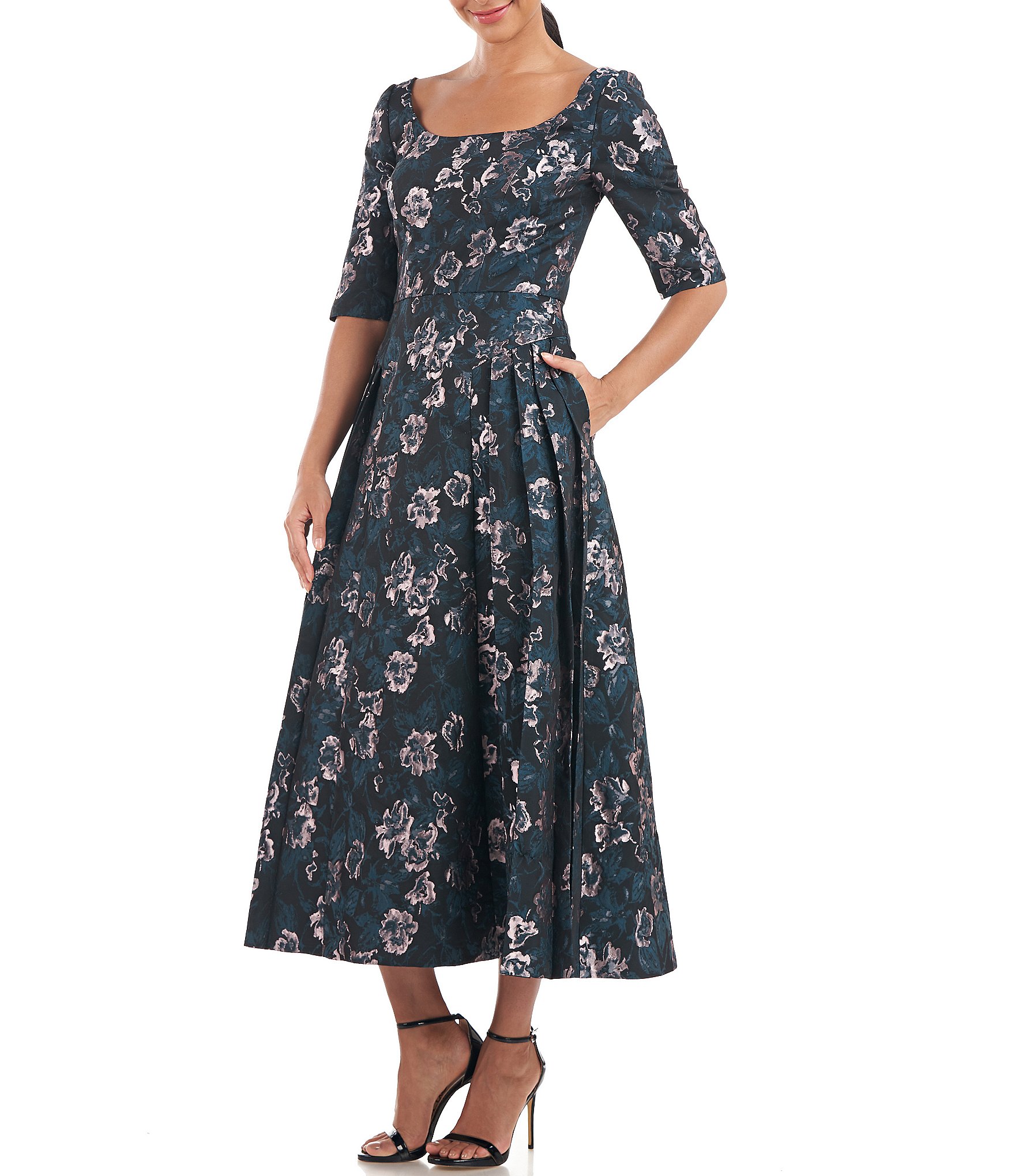 Kay Unger Floral Print Square Neck 3/4 Sleeve Pleated Dress | Dillard's