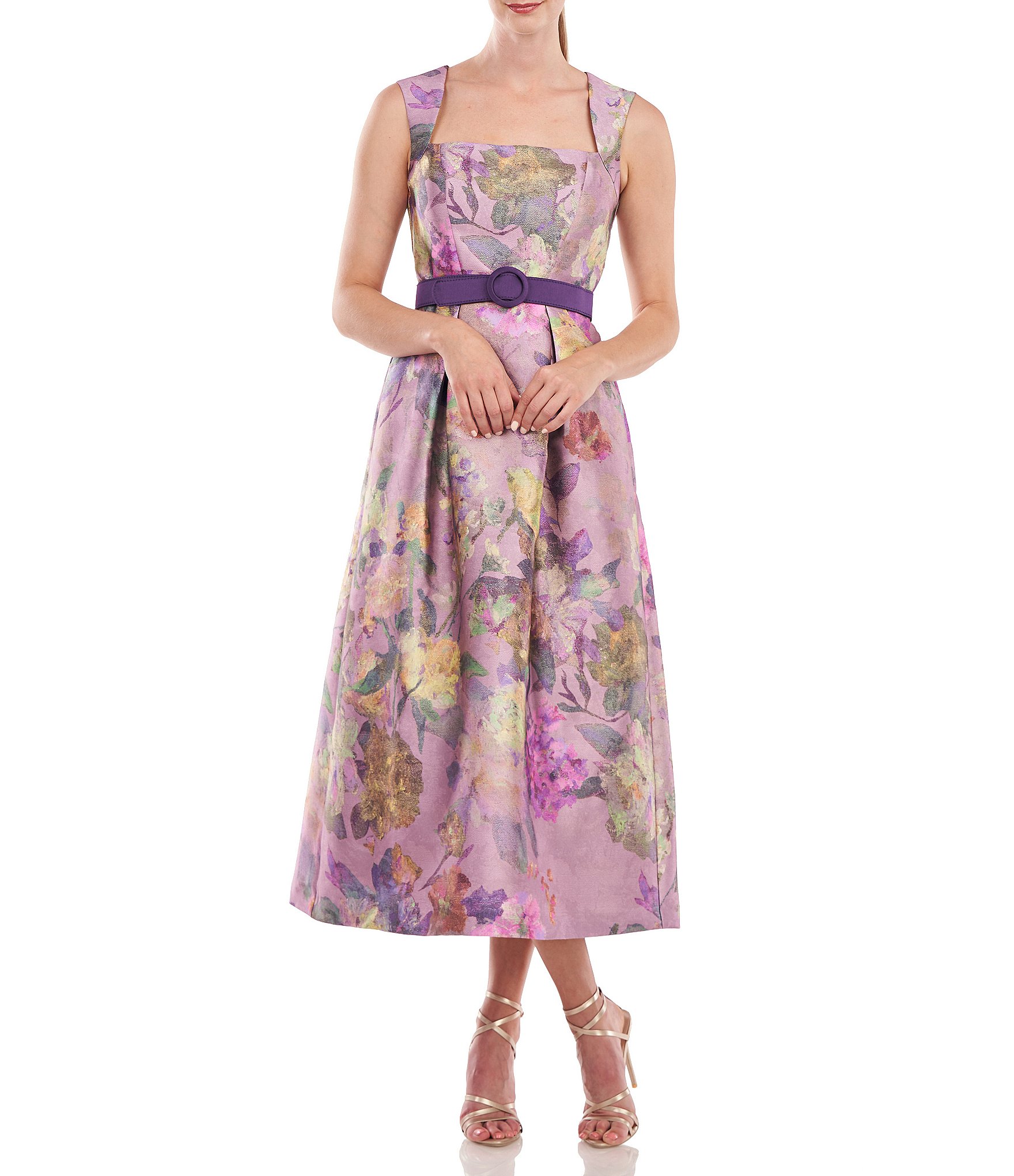 Kay Unger Floral Print Square Neck Sleeveless Belted A-Line Maxi Dress ...