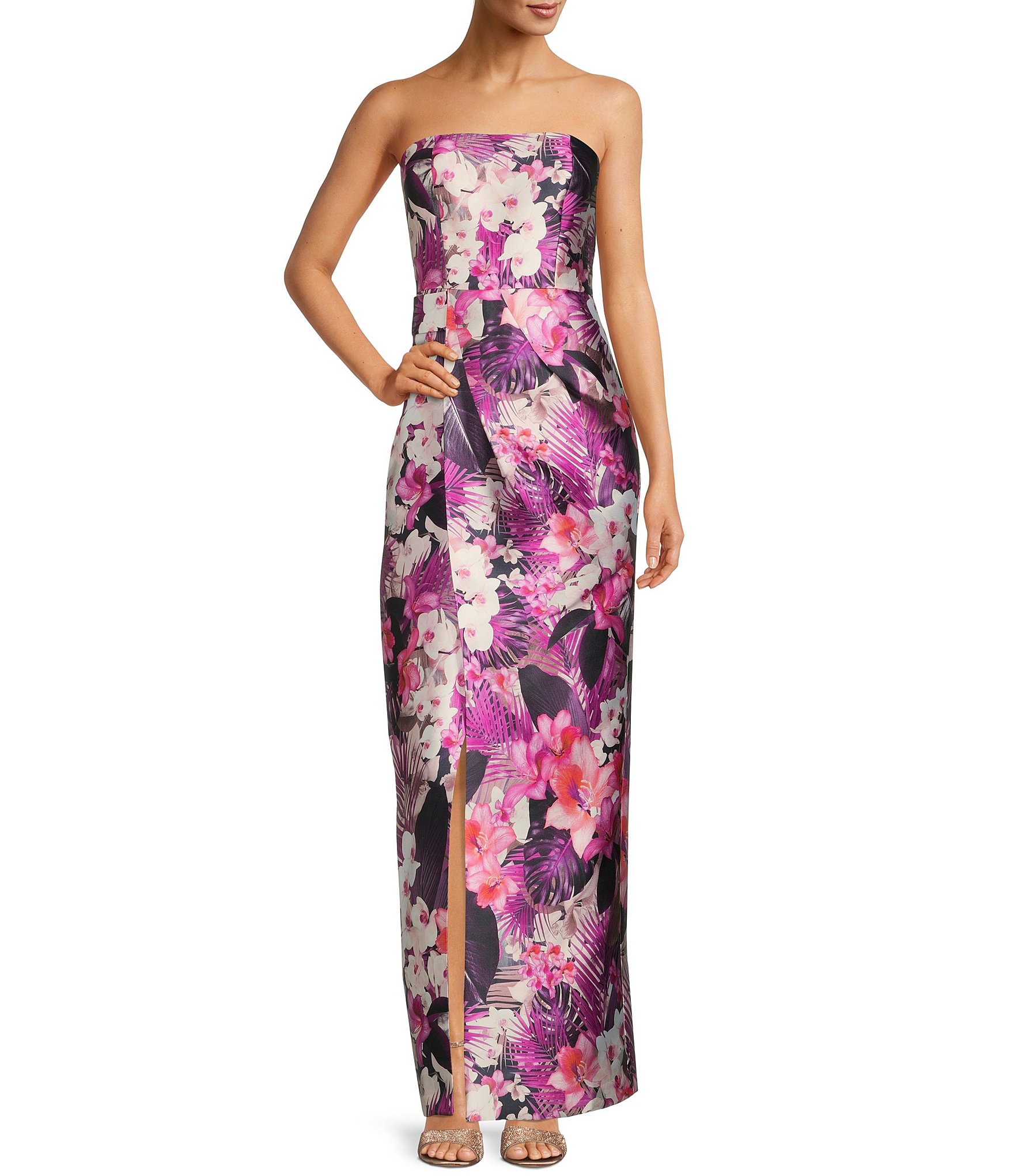 Kay Unger Floral Mikado Square Neckline Cap Sleeve Midi Dress