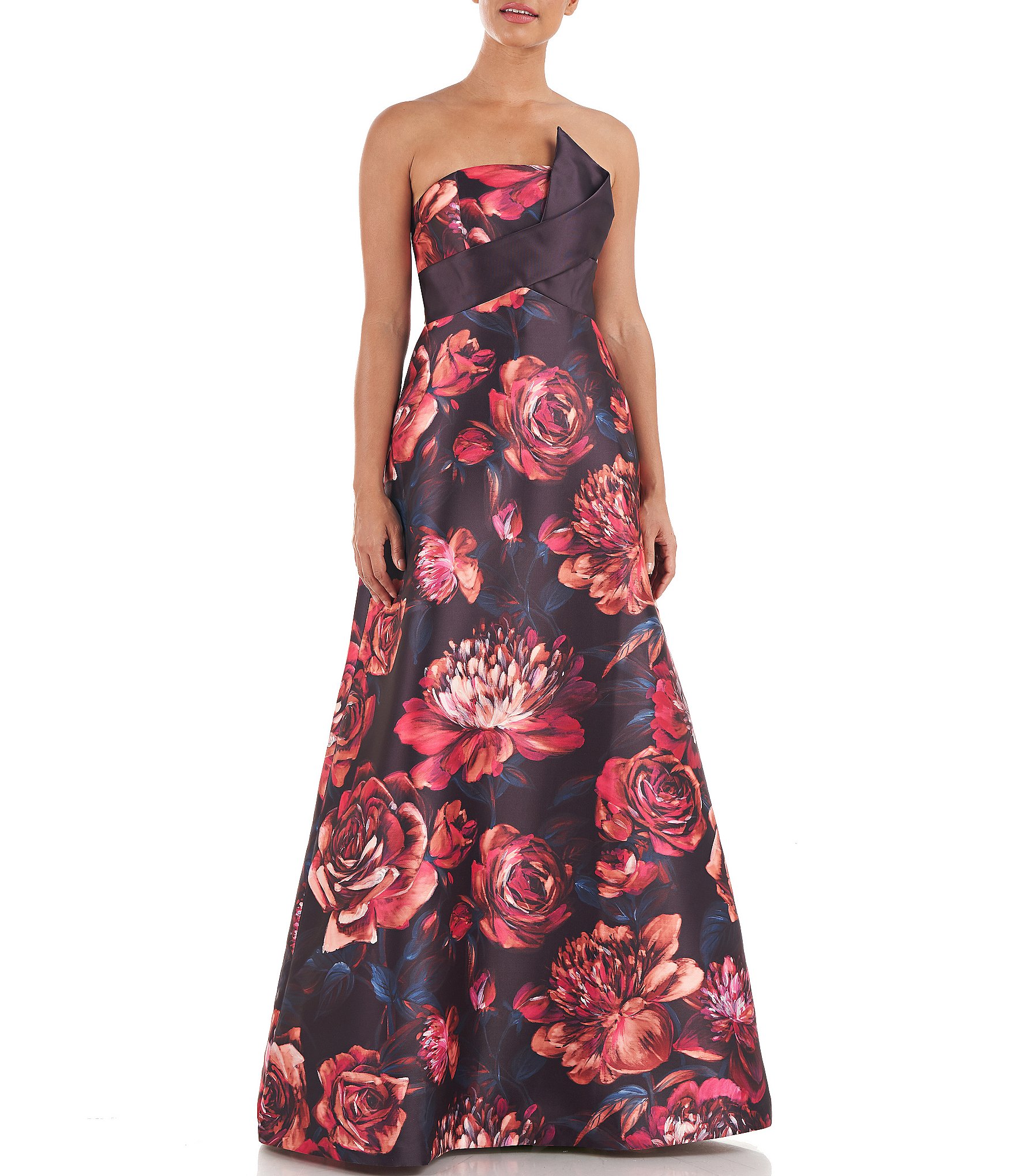 Kay Unger Floral Print Strapless Sleeveless Flared Pocketed Ballgown ...