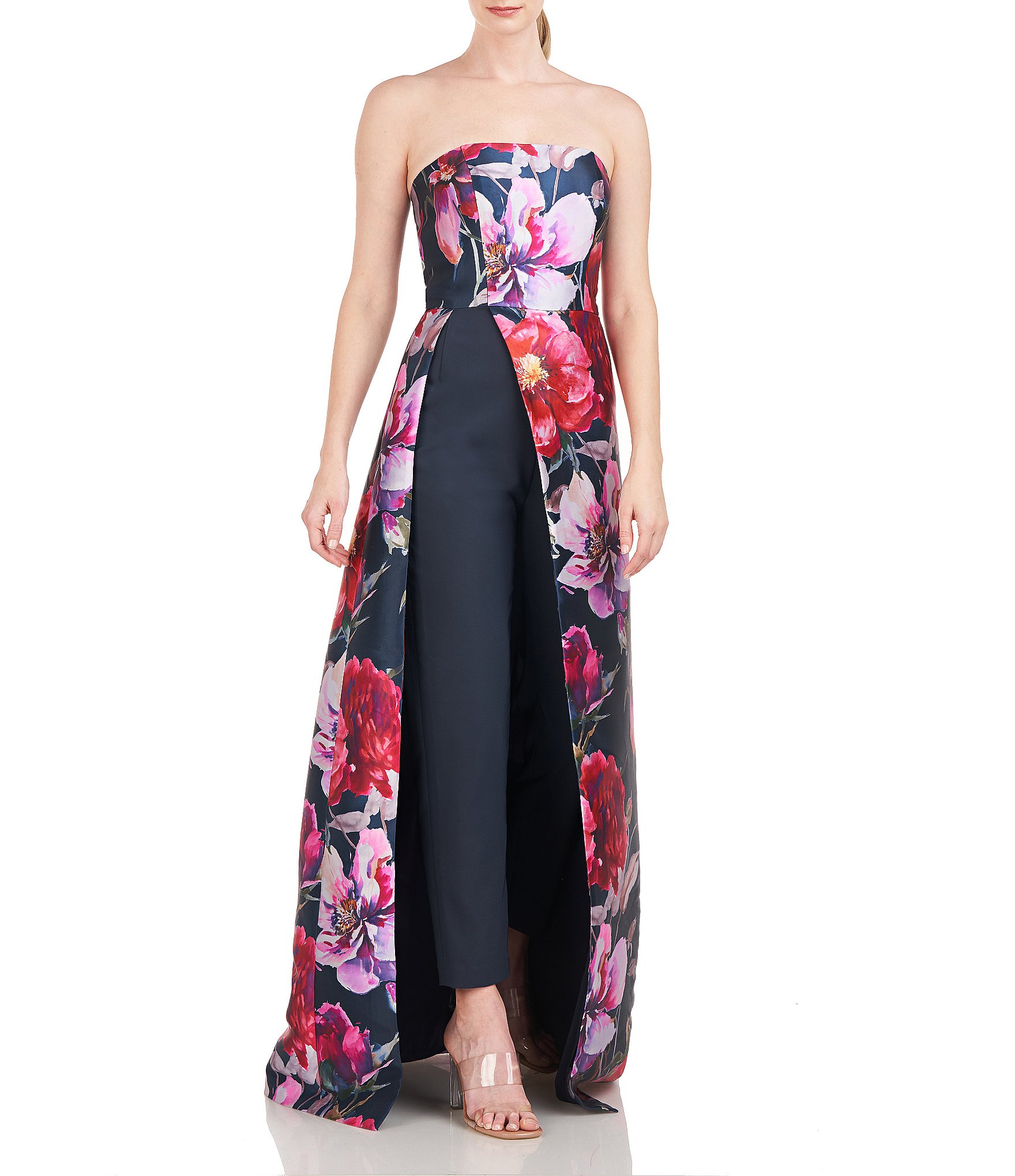 Kay Unger Floral Print Strapless Sleeveless Walk Thru Jumpsuit | Dillard's
