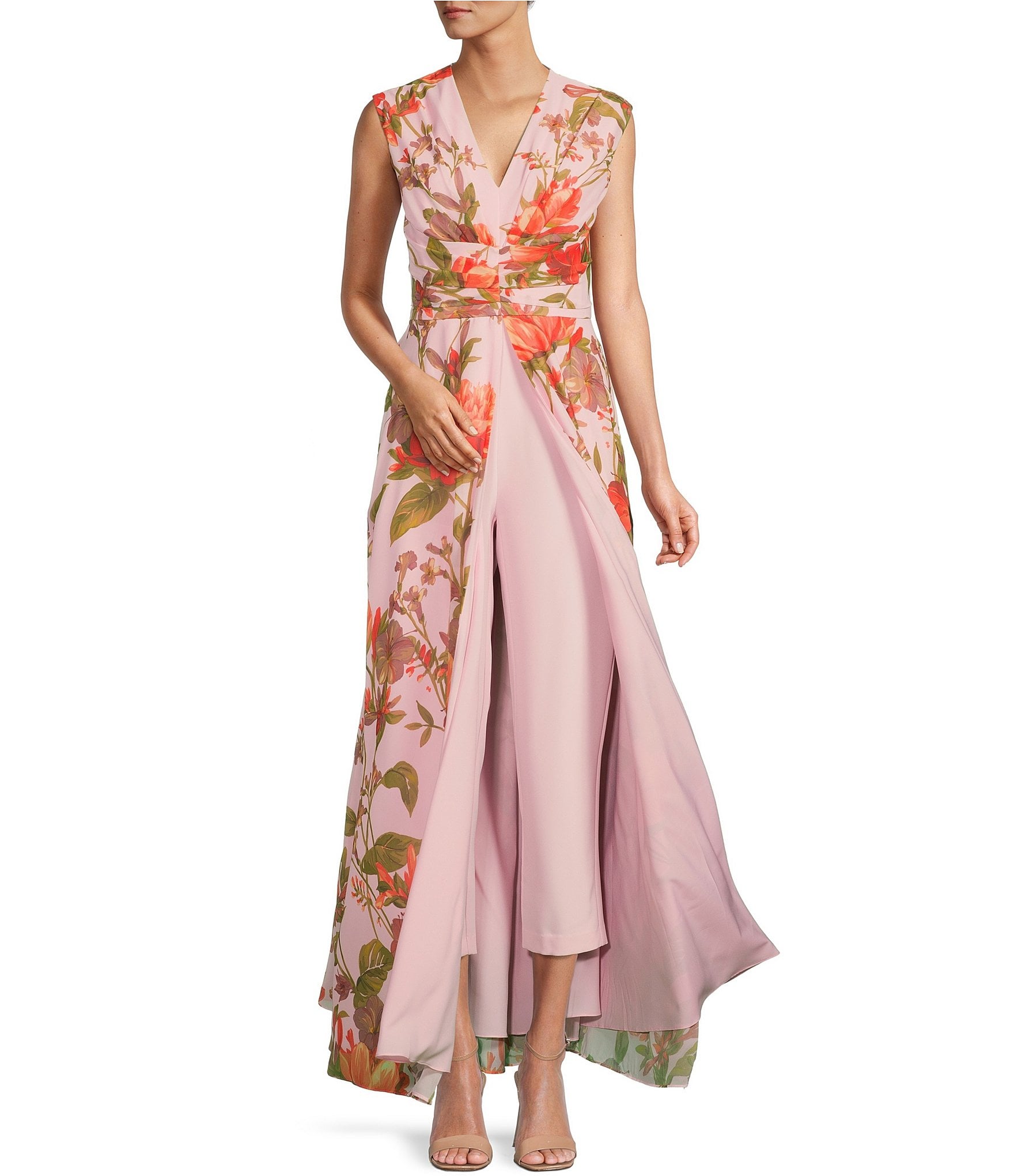 Kay Unger Floral Print V-Neck Cap Sleeve Walk Thru Jumpsuit Gown