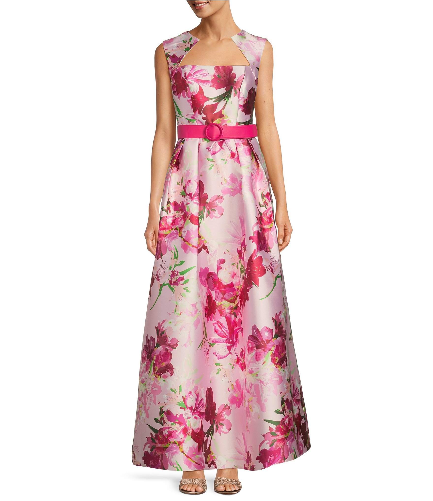 Kay Unger Floral Print Square Neck Cap Sleeve Detachable Belt Ball Gown ...