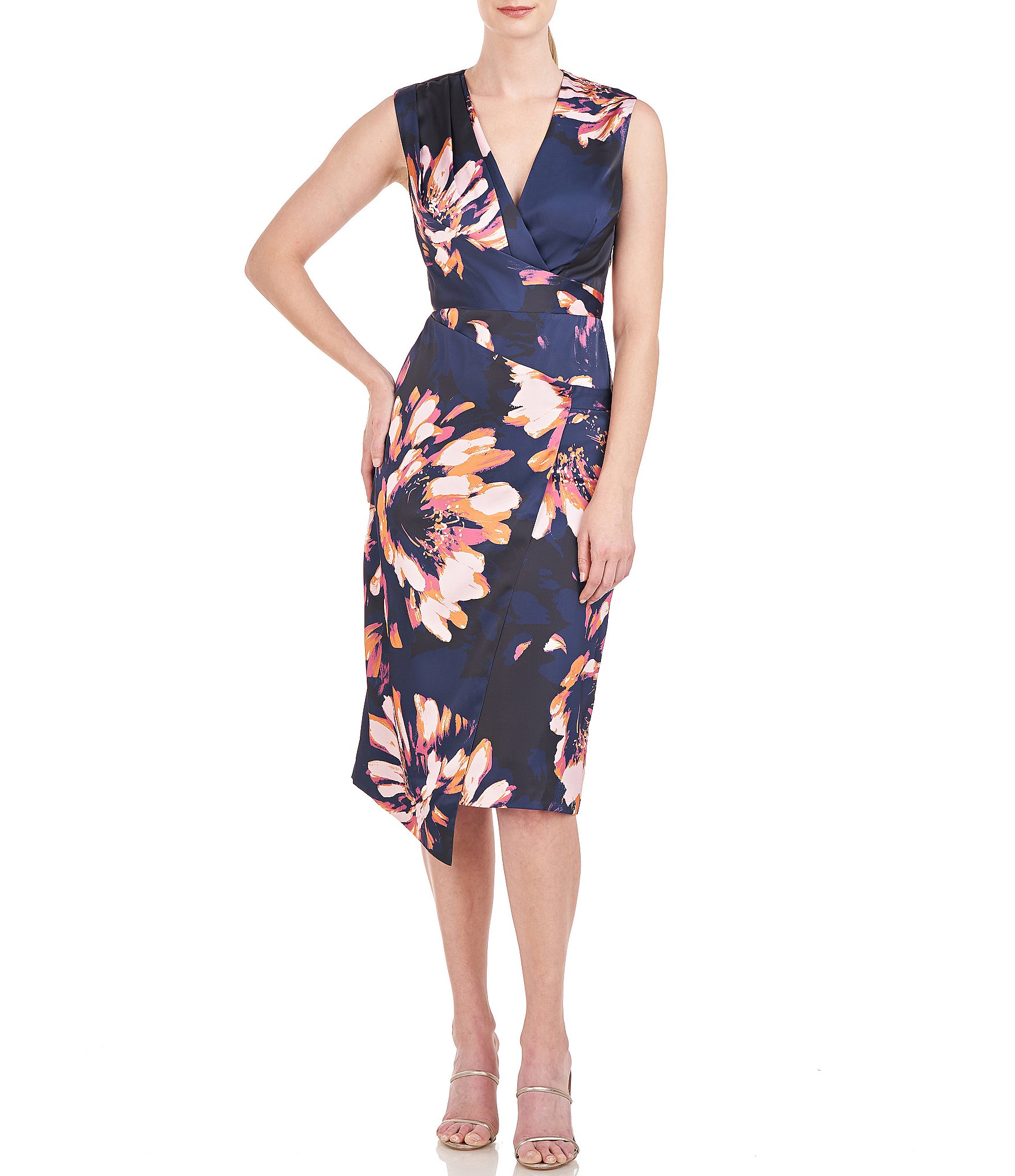 Kay Unger Floral Sleeveless Surplice V-Neck Asymmetrical Bow Empire Waist  Tulip Dress