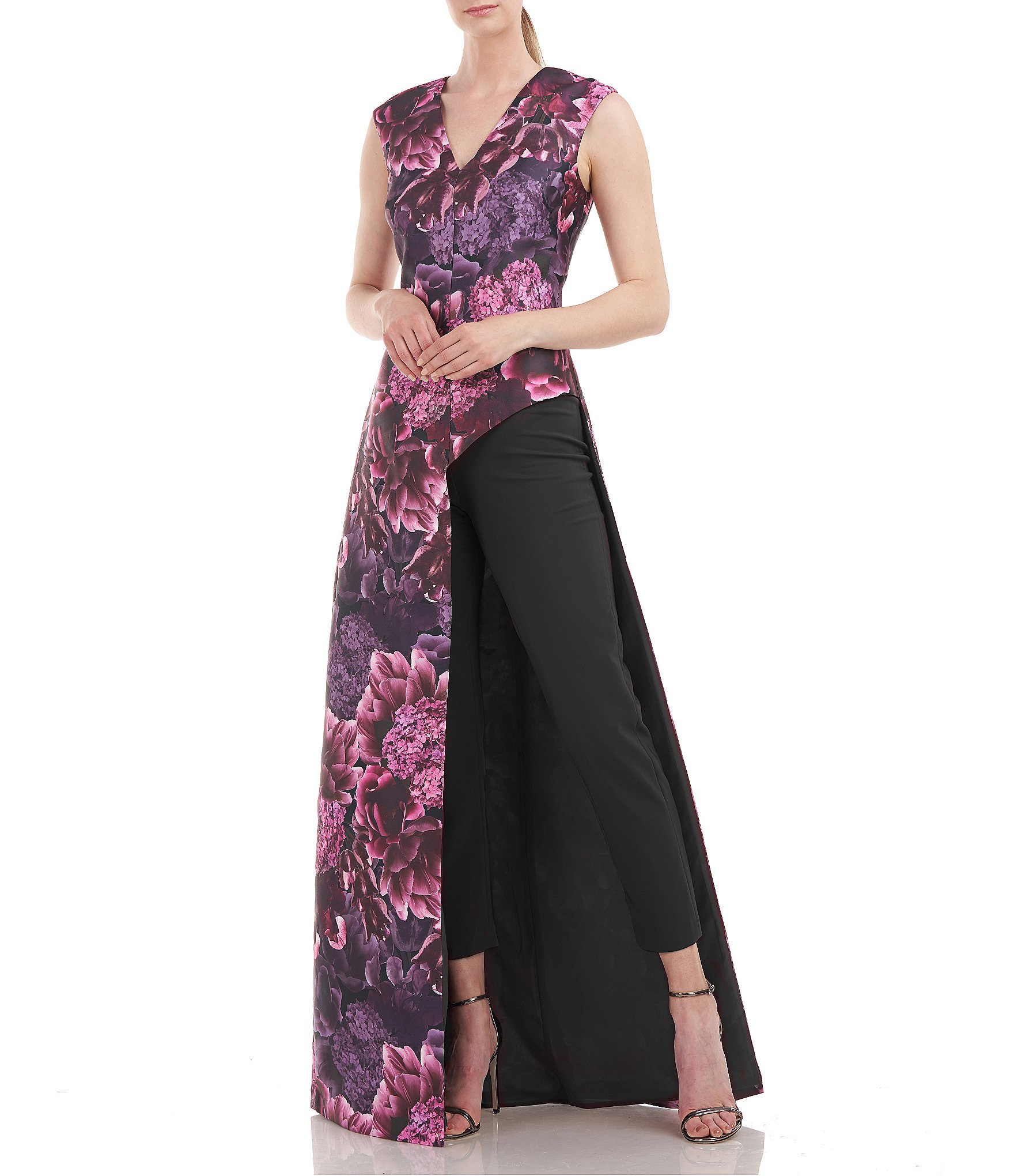 Kay Unger Floral V-Neck Sleeveless Asymmetrical Skirt Walk Thru ...